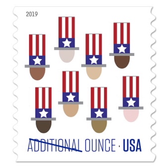 USA additional ounce forever stamp, president heads wearing flag-themed tophats