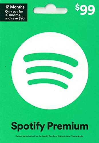 Spotify gift card, $99 in green. 12 months. 