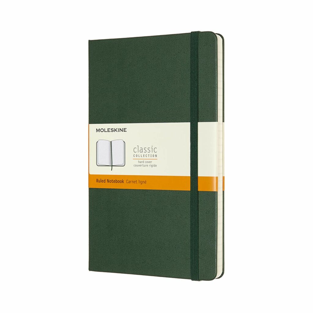 Green moleskin notebook with rubber strap to hold the book closed.