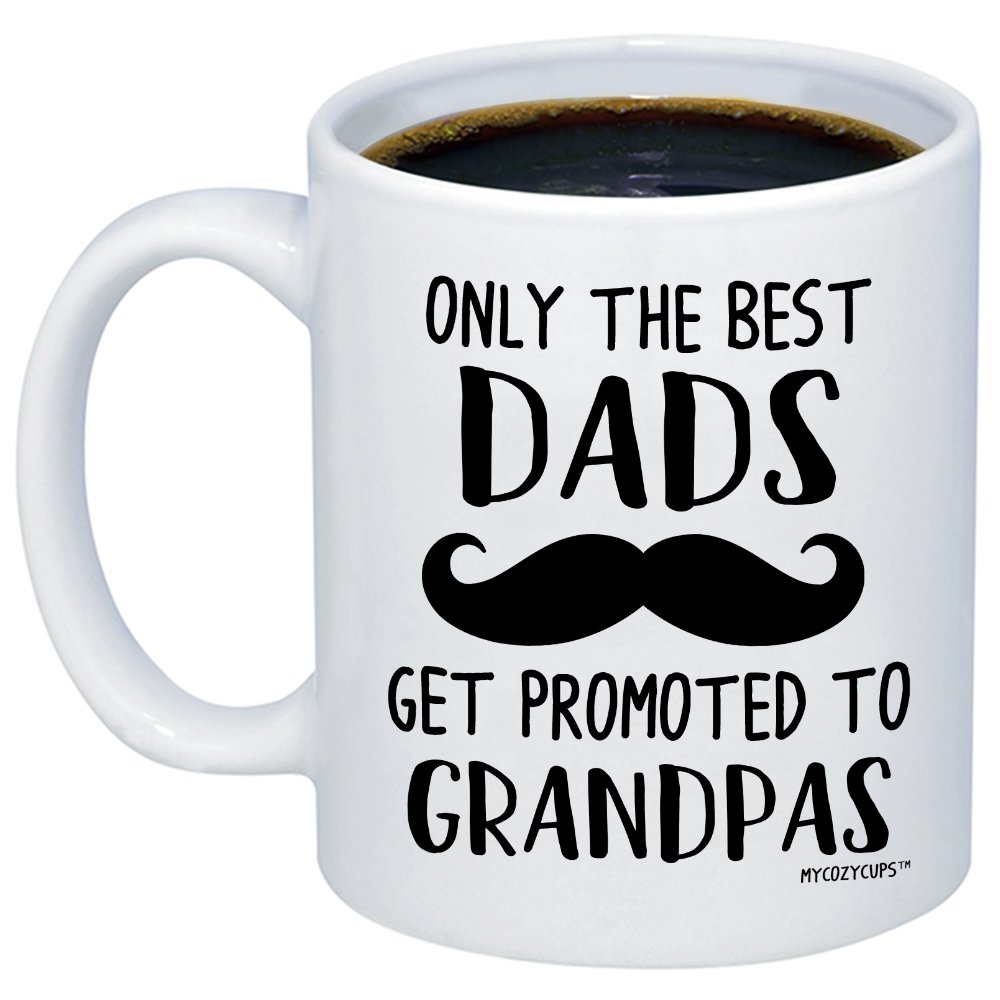 White mug reading in lack text: Only the best dads get promoted to grandpa with a mustache icon
