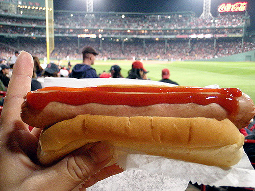 Photo of a Fenway Park hot dog with ketchup on it, the field and Coca Cola sign in the background.