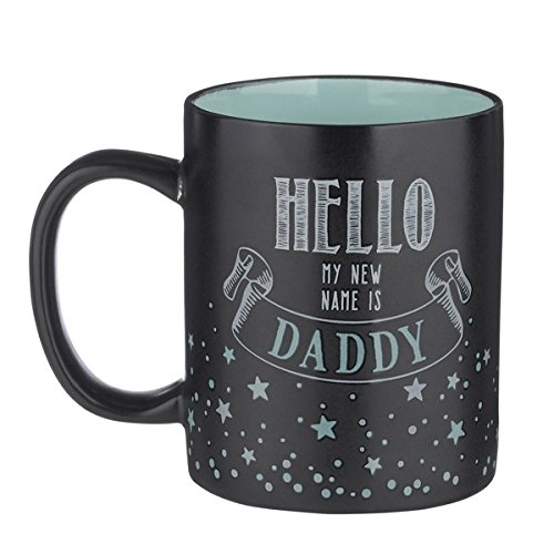 Black mug with green-blue interior with stars along the bottom in a fancy font reading, "HELLO, my name is daddy."