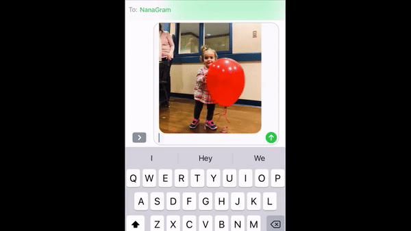 Animated GIF of iPhone text message interface showing a little girl with a red balloon, the user adding the caption "Your great granddaughter Jill playing with a balloon at your 95th!"