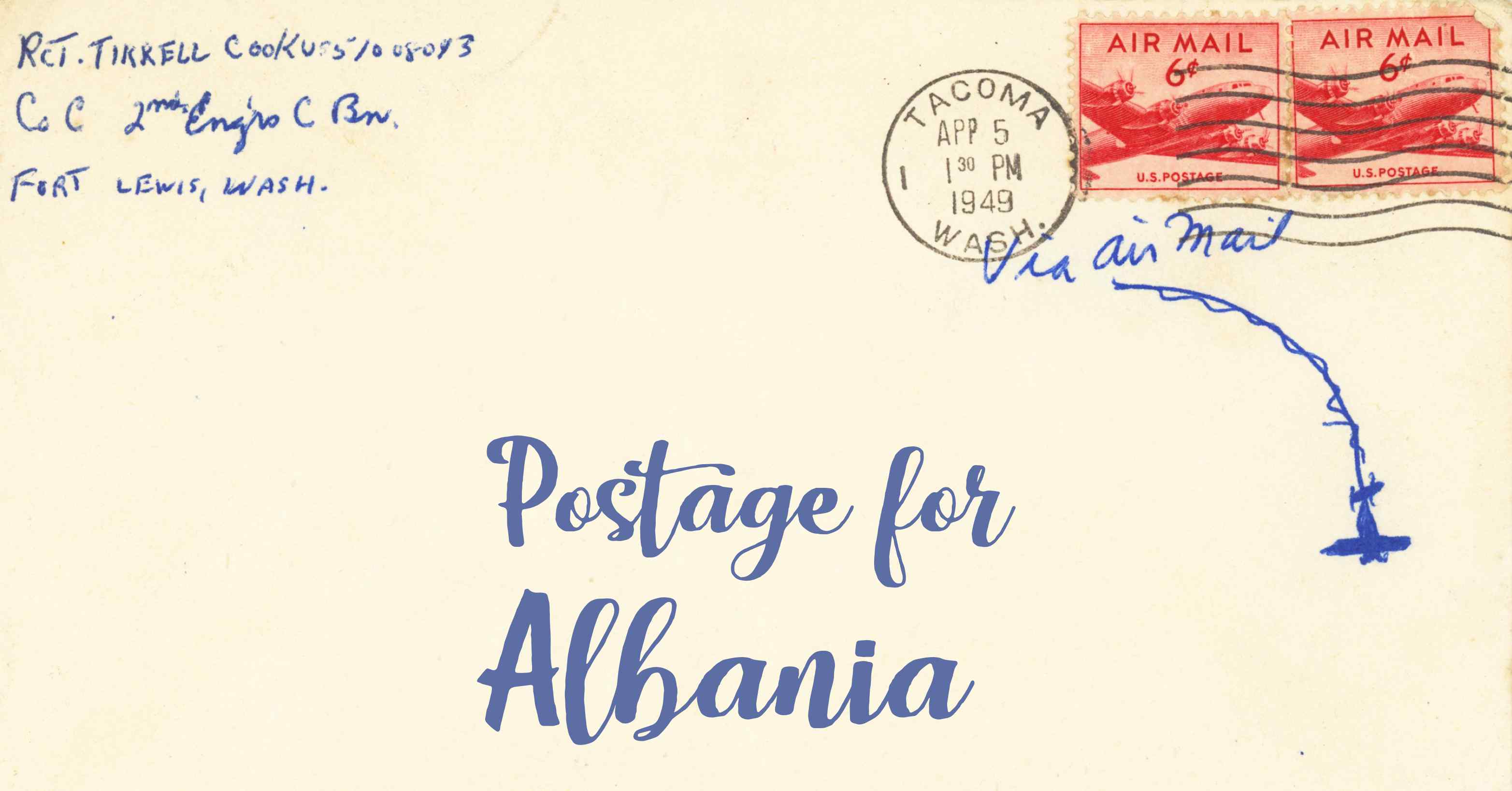 Photo of an old envelope reading 'Postage for Albania'