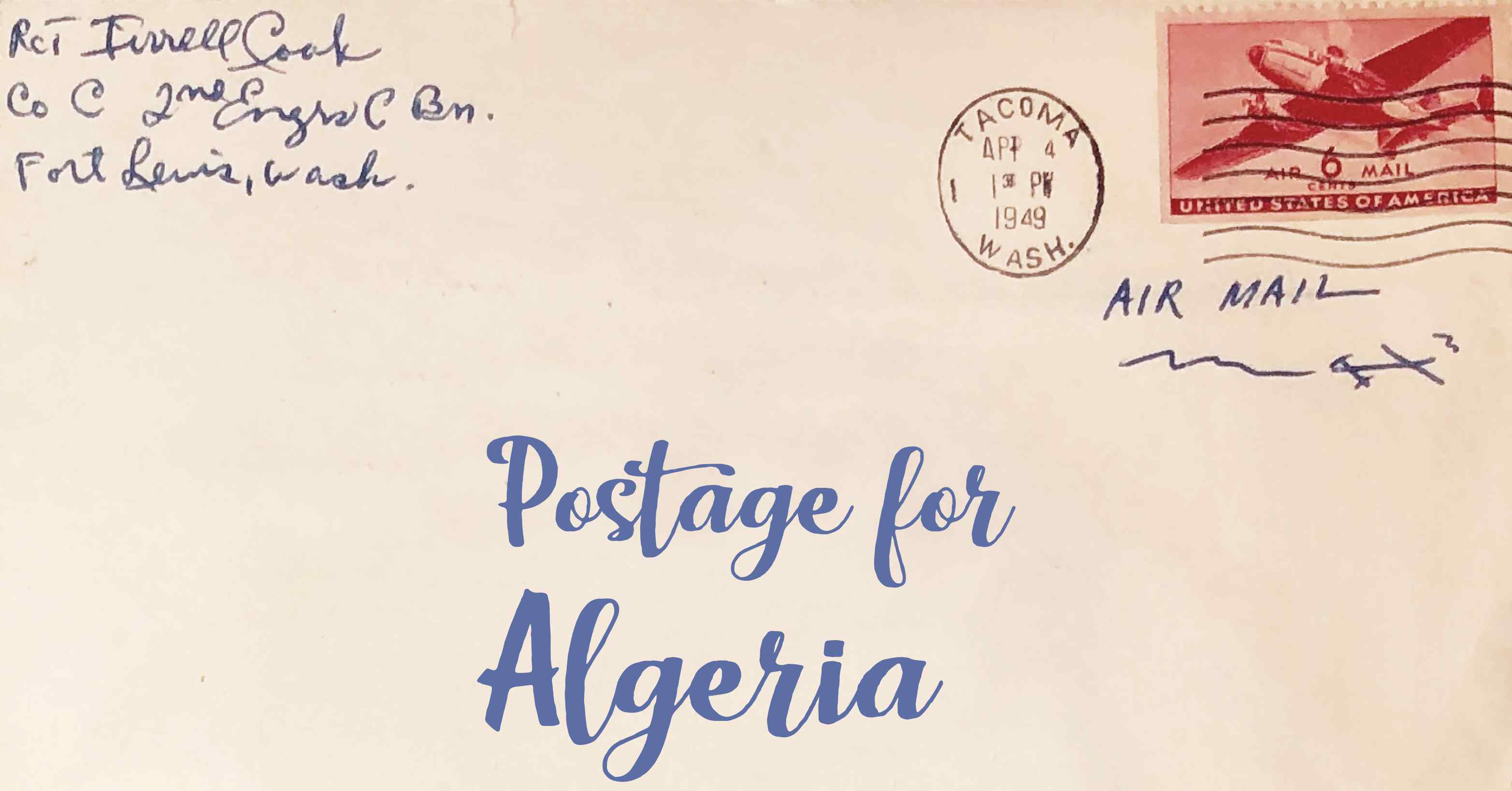 Photo of an old envelope reading 'Postage for Algeria'