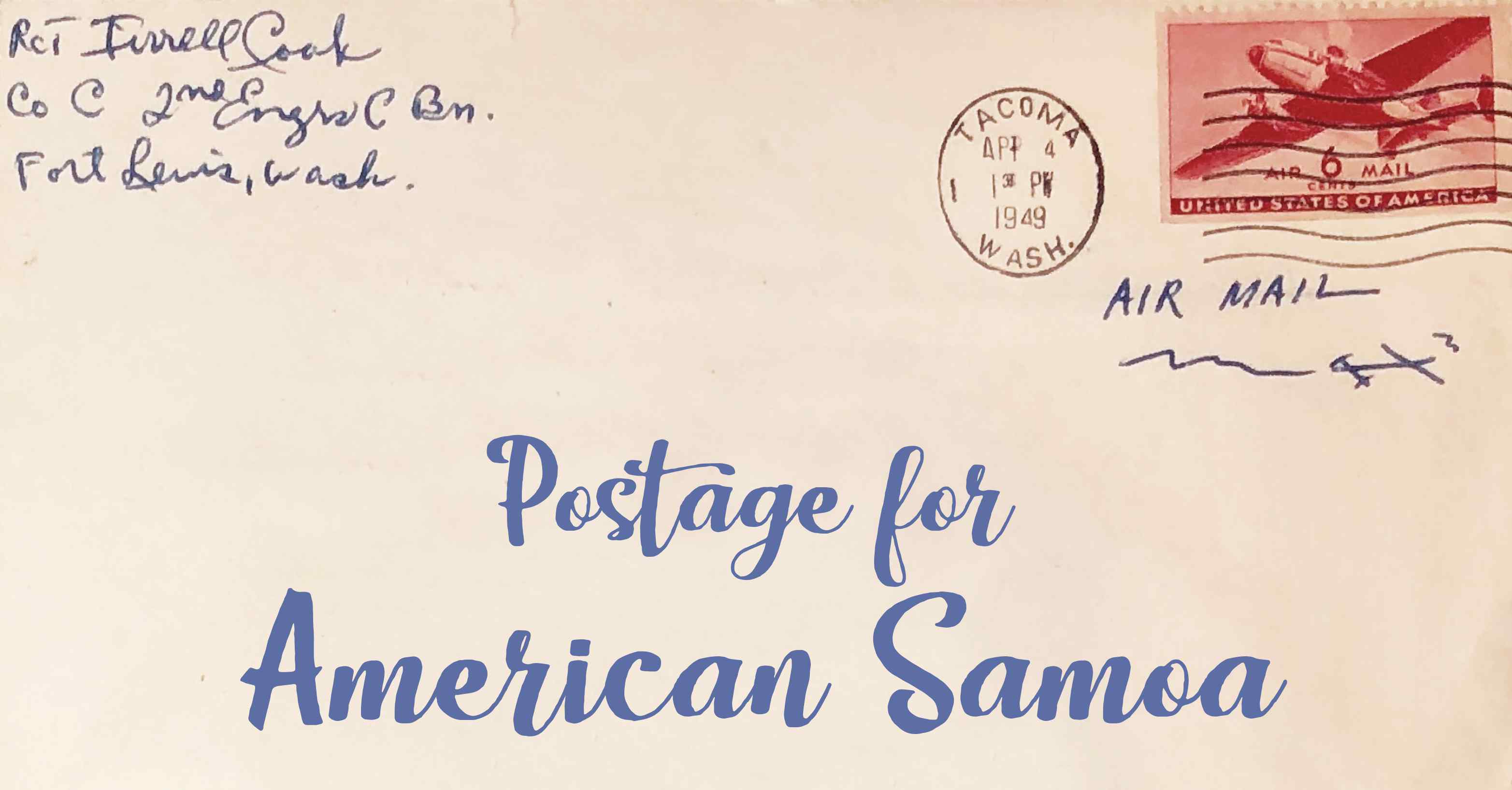 Photo of an old envelope reading 'Postage for American Samoa'