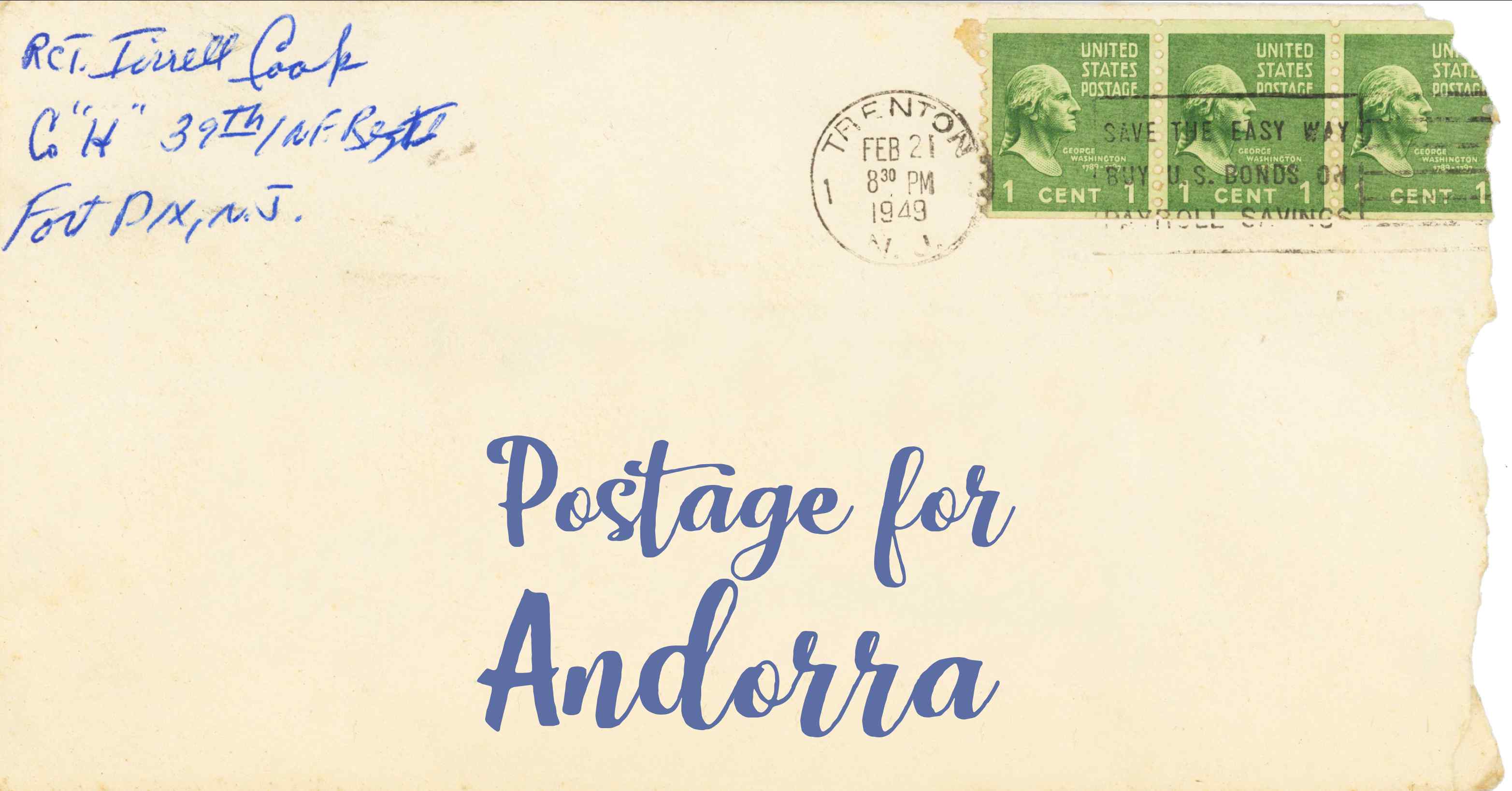Photo of an old envelope reading 'Postage for Andorra'