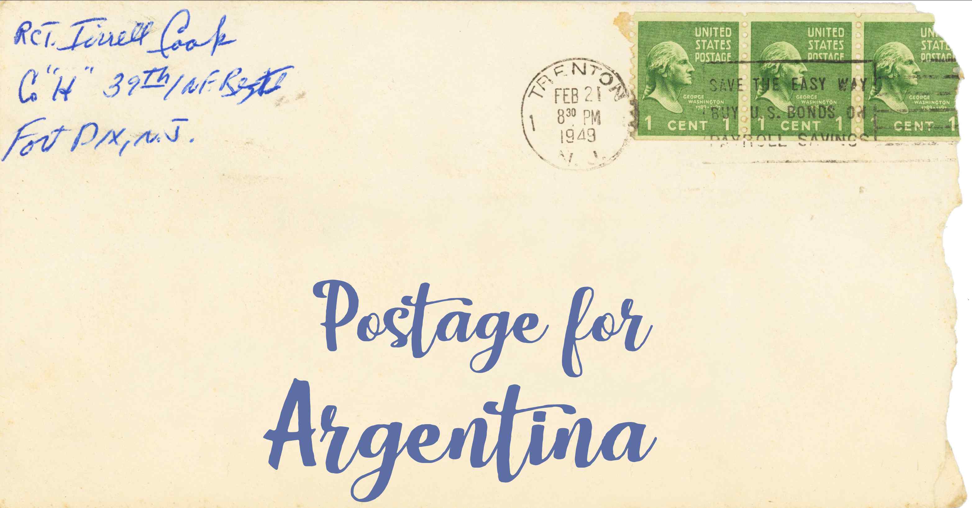 Photo of an old envelope reading 'Postage for Argentina'