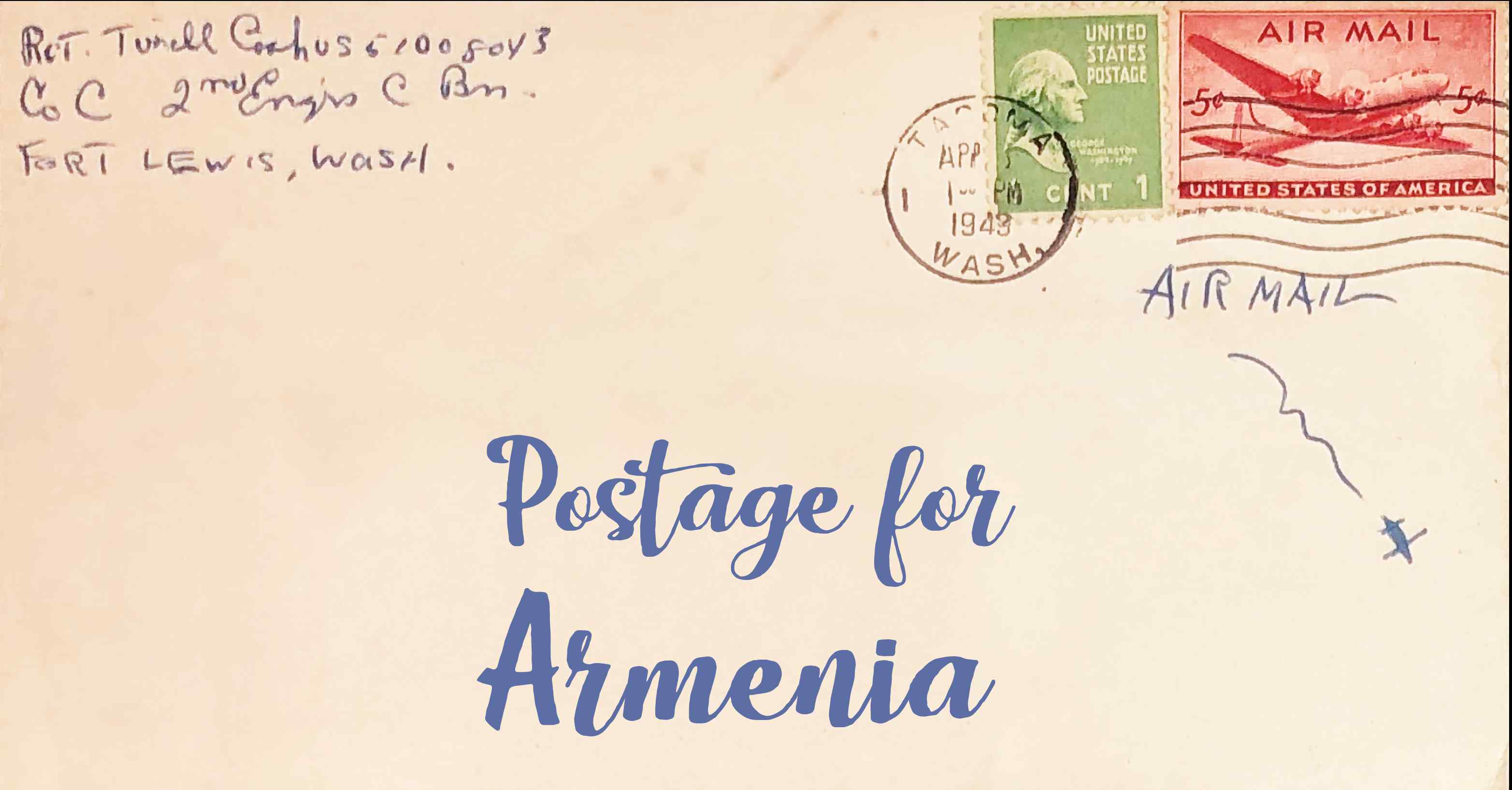 Photo of an old envelope reading 'Postage for Armenia'