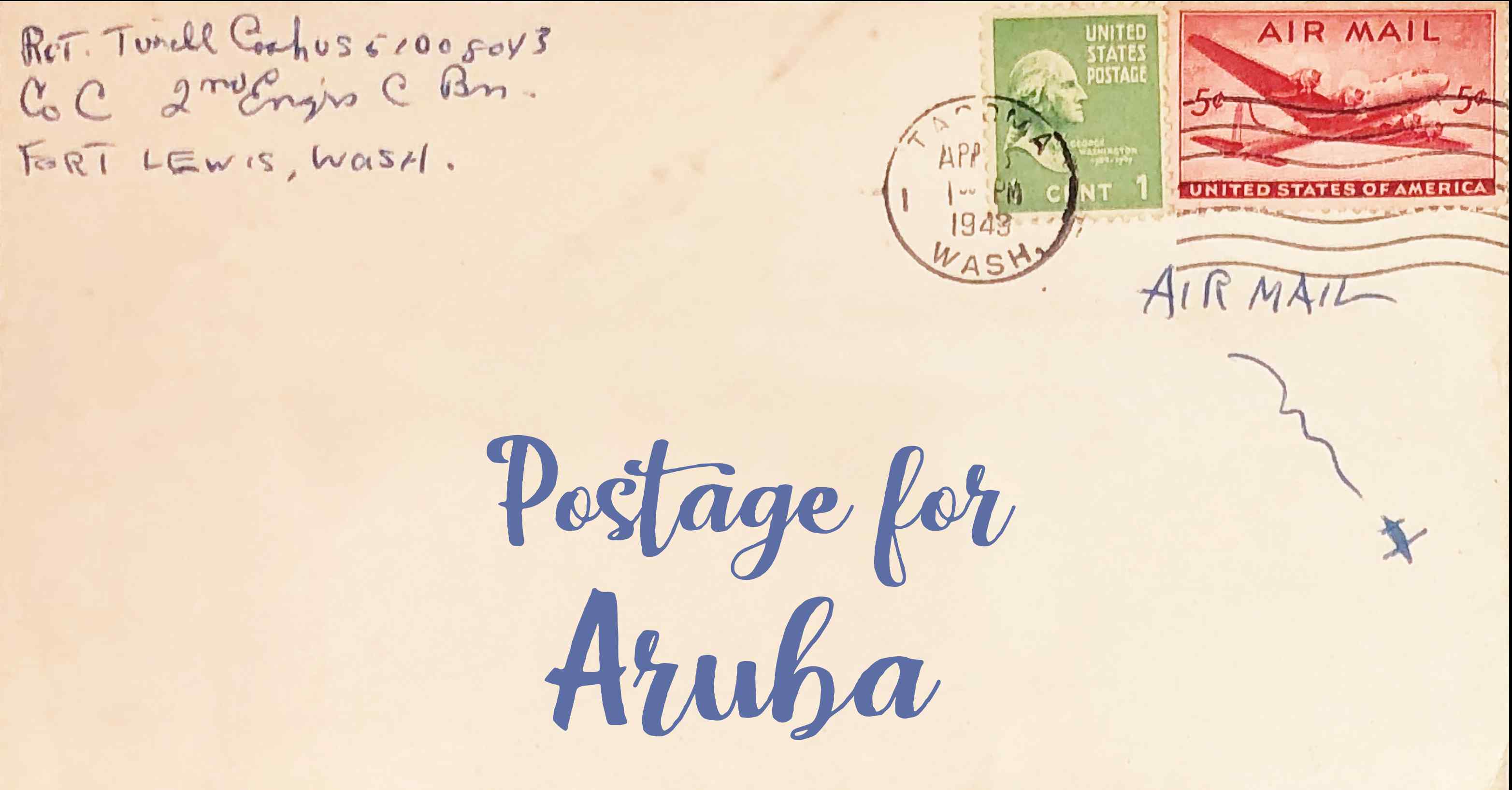 Photo of an old envelope reading 'Postage for Aruba'