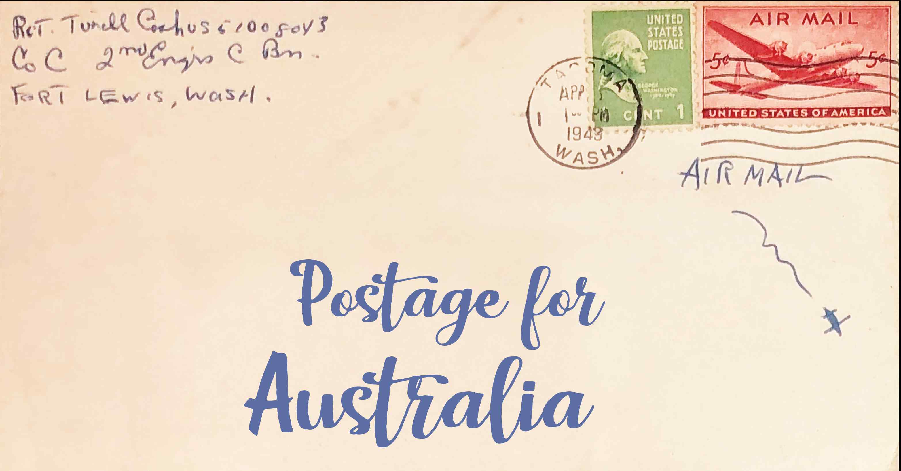 Photo of an old envelope reading 'Postage for Australia'