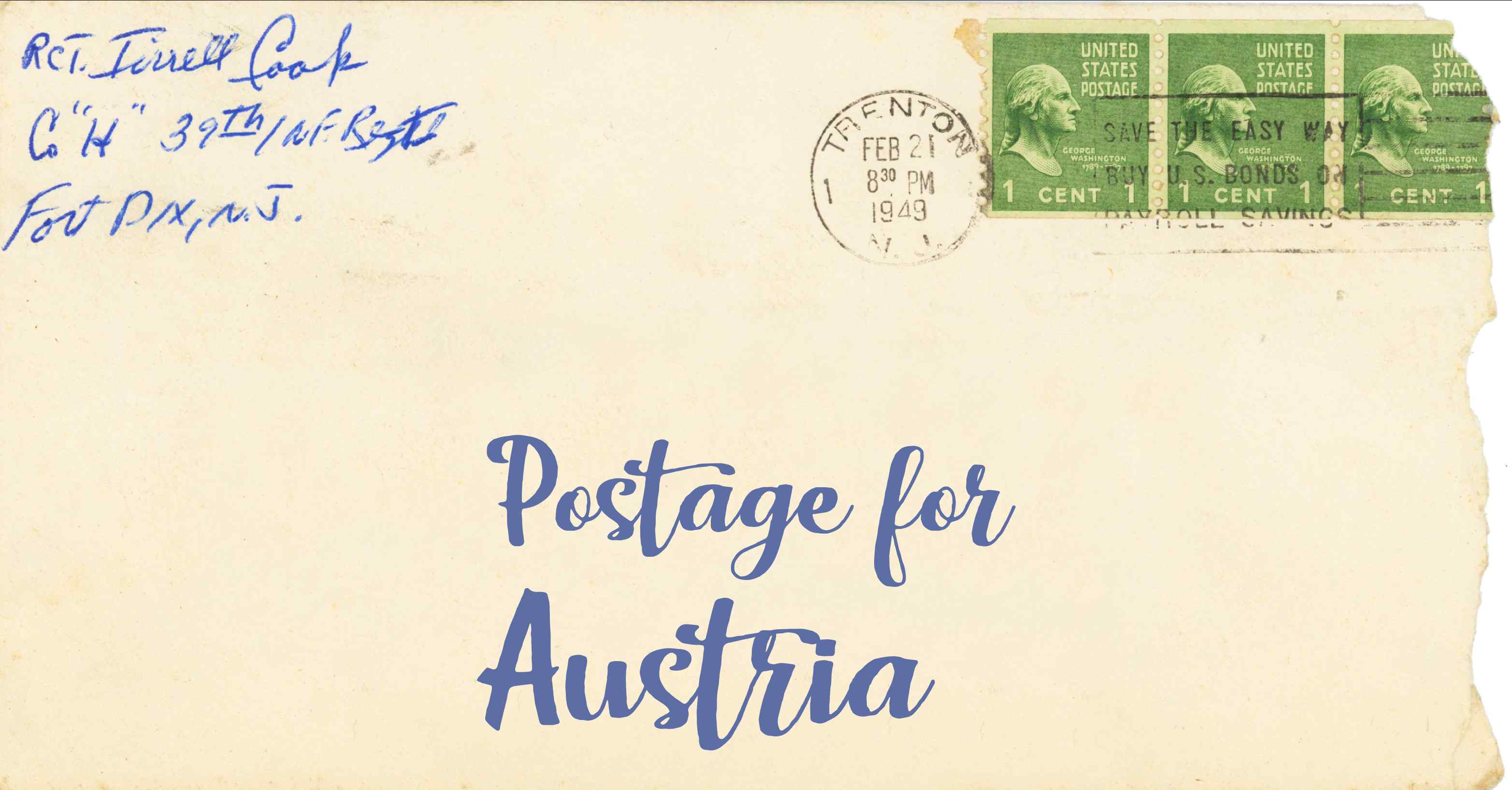 Photo of an old envelope reading 'Postage for Austria'