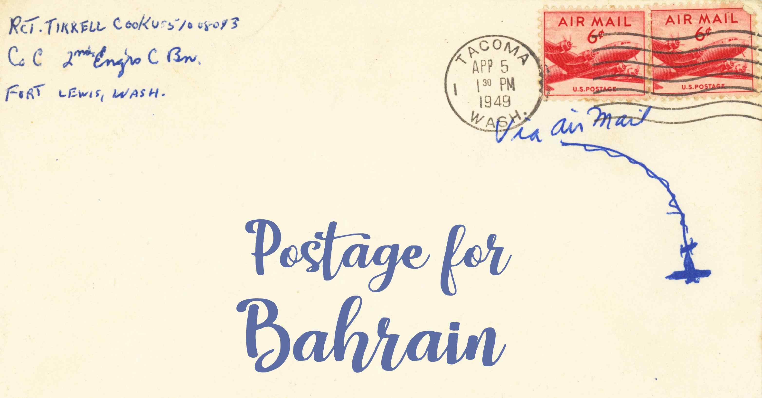 Photo of an old envelope reading 'Postage for Bahrain'