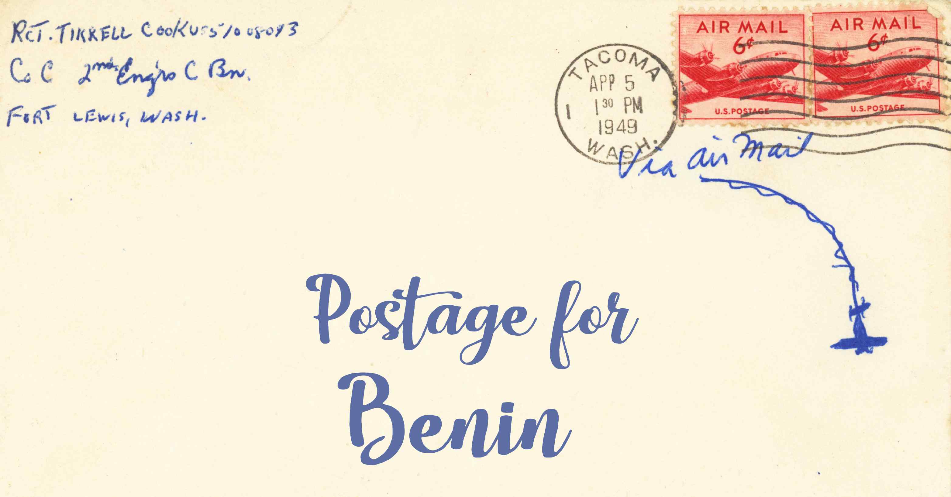 Photo of an old envelope reading 'Postage for Benin'