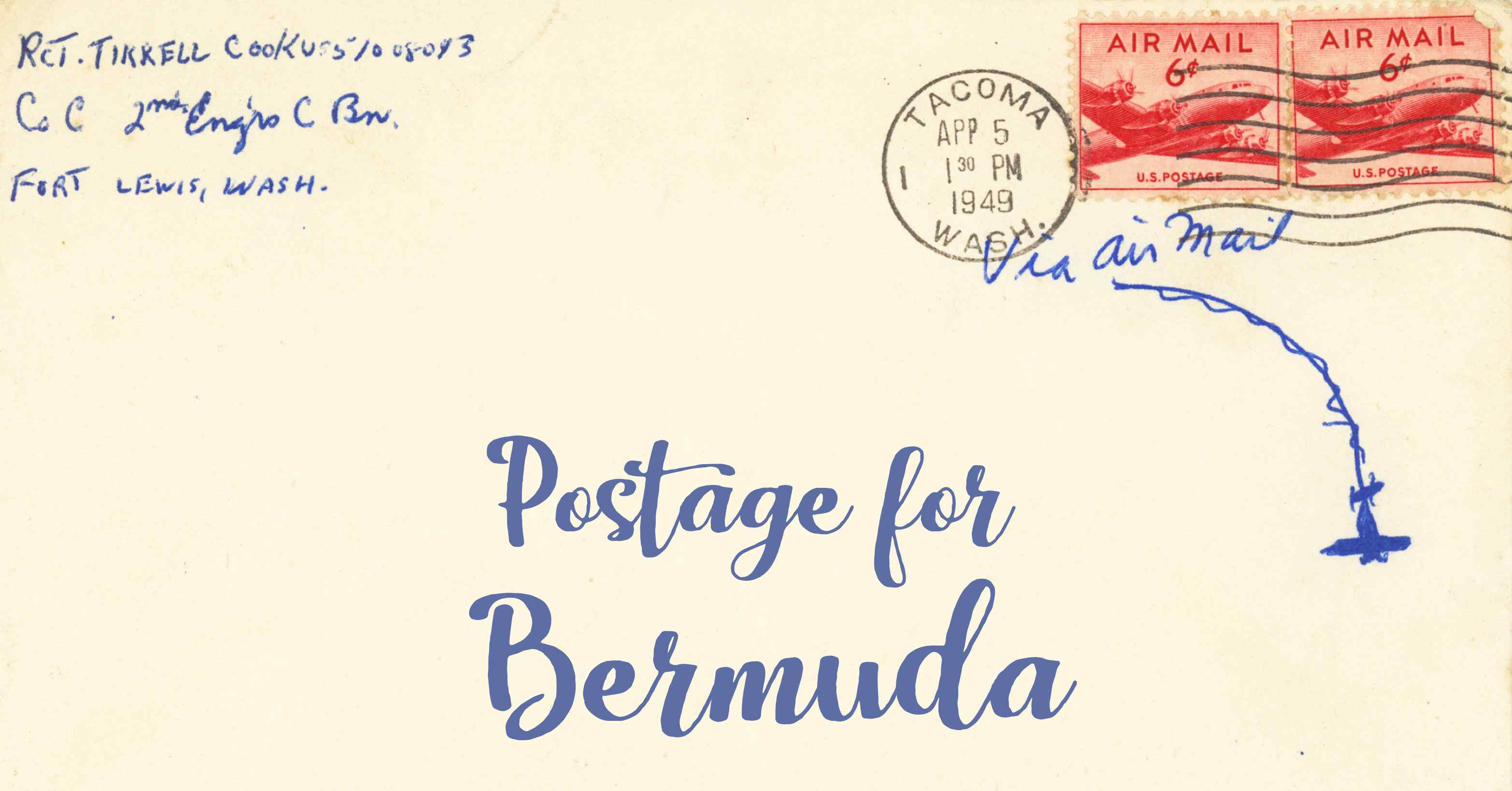 Photo of an old envelope reading 'Postage for Bermuda'