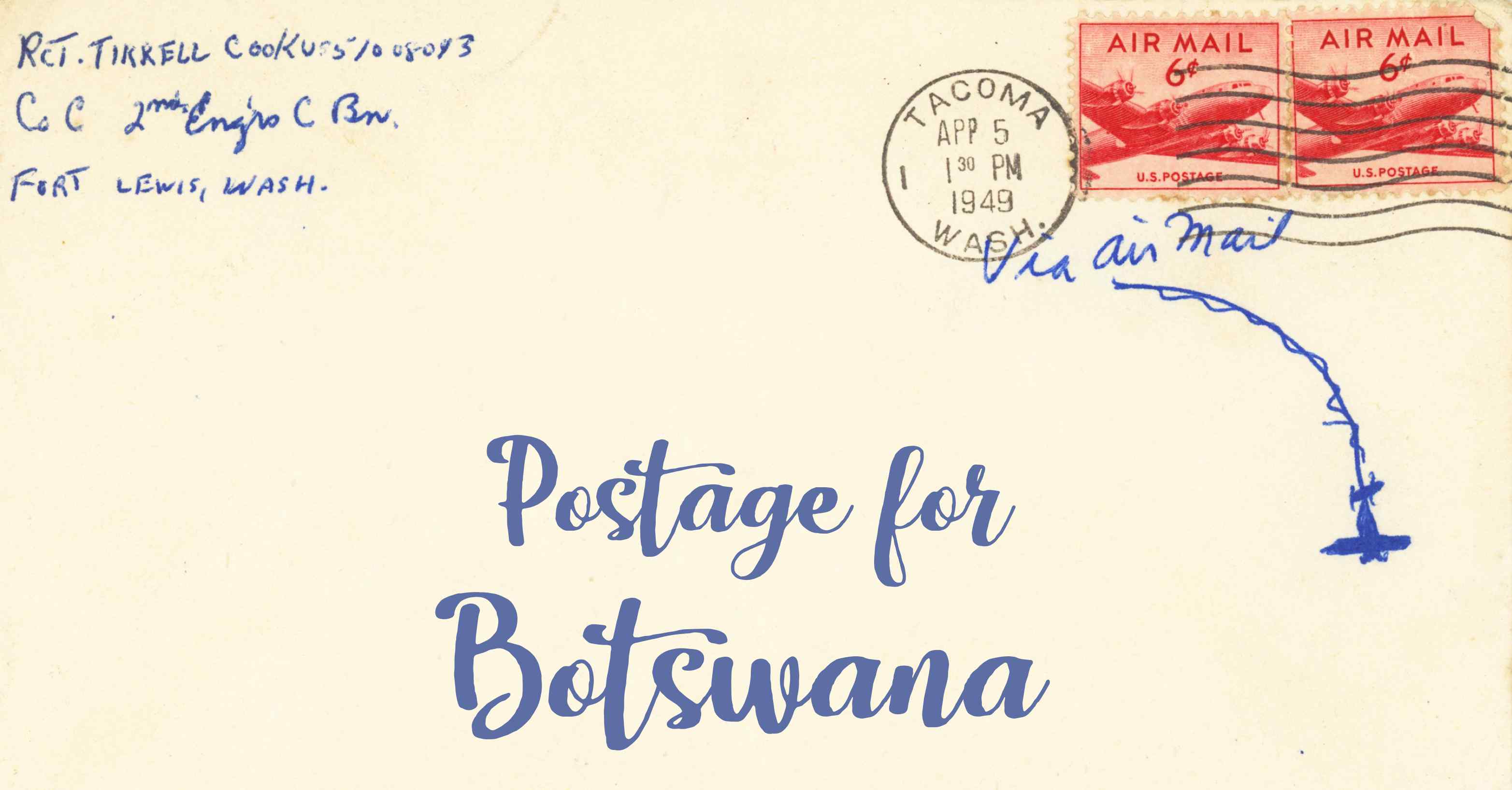 Photo of an old envelope reading 'Postage for Botswana'