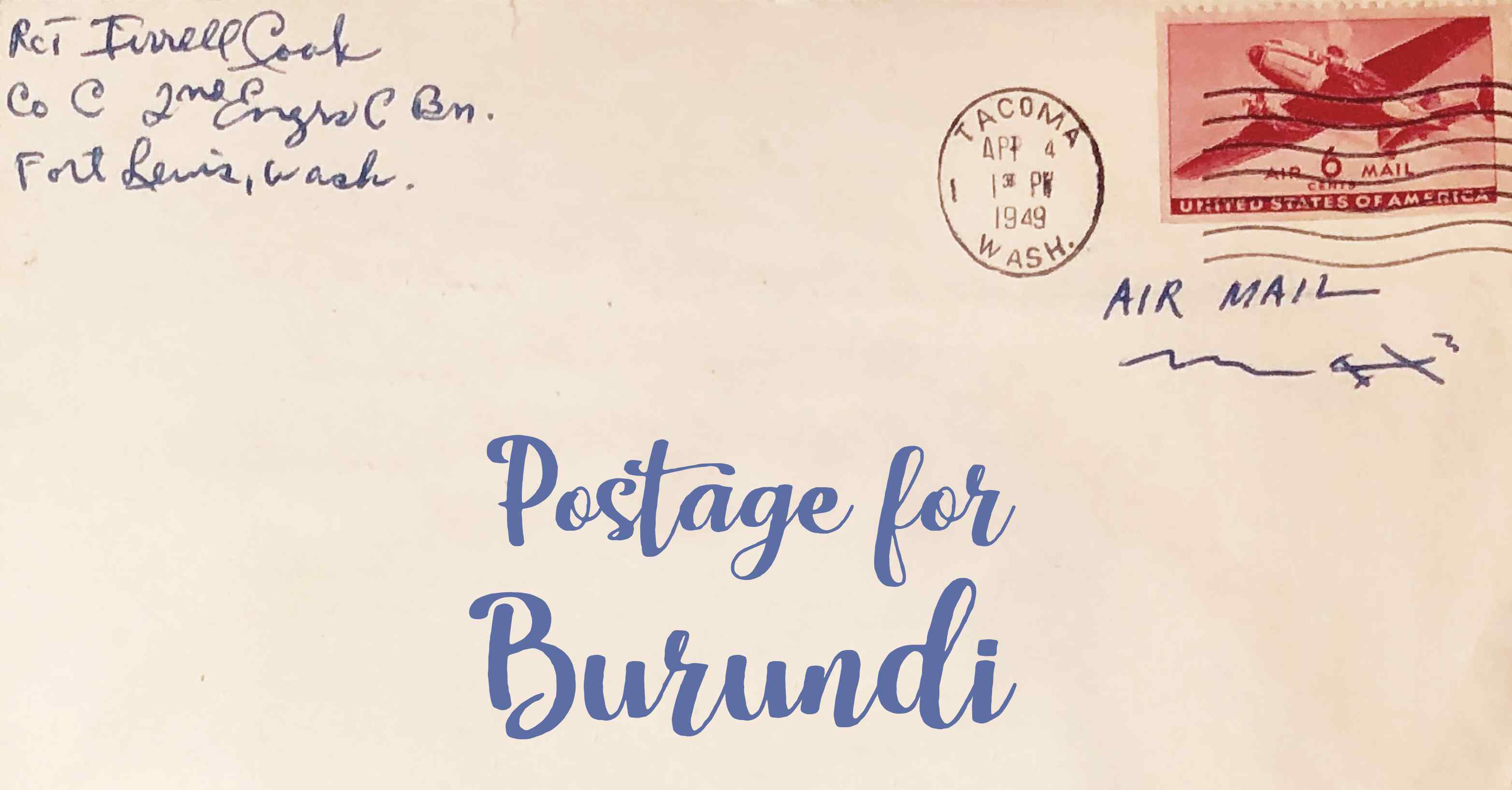Photo of an old envelope reading 'Postage for Burundi'