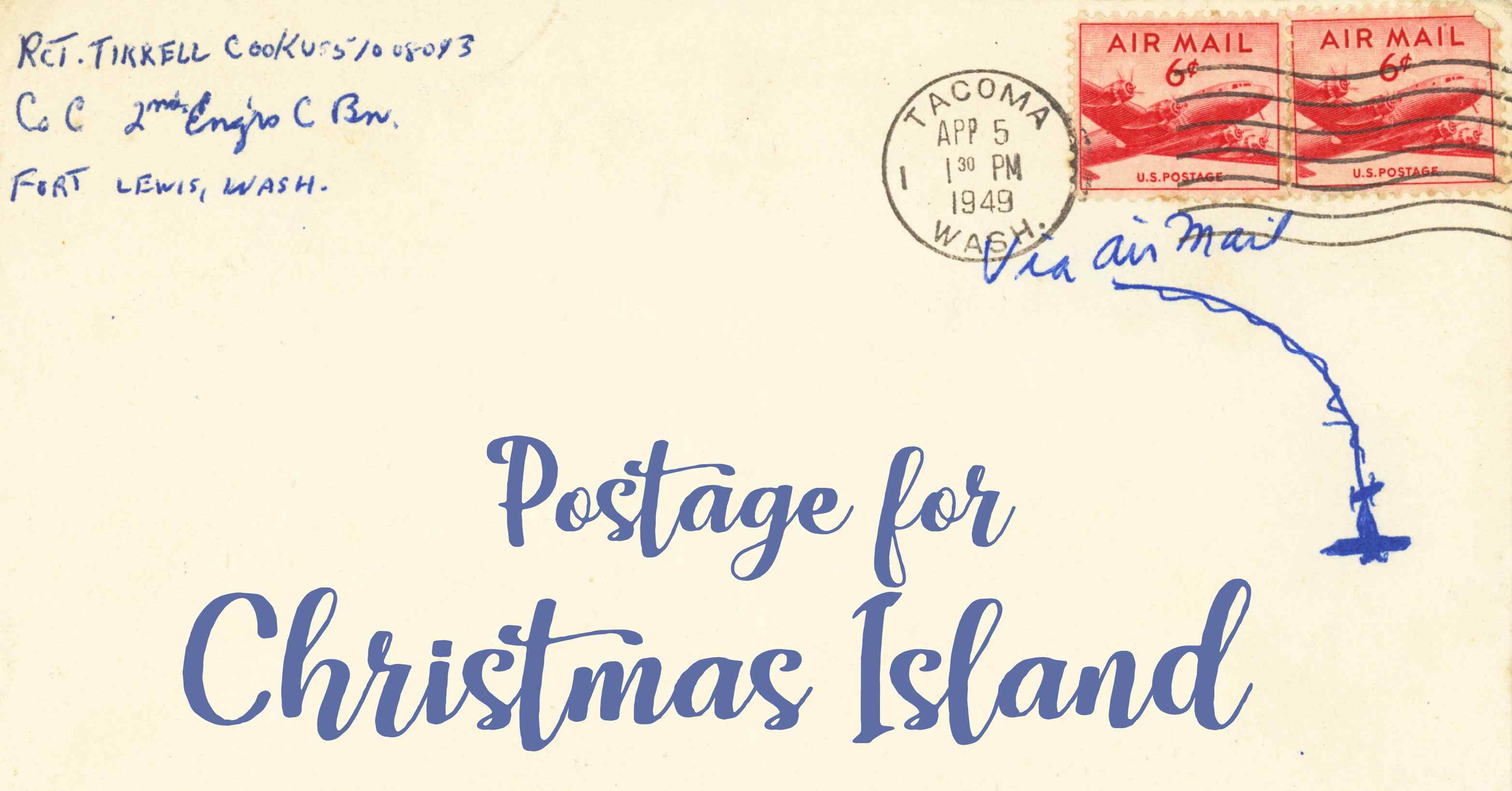 Photo of an old envelope reading 'Postage for Christmas Island'