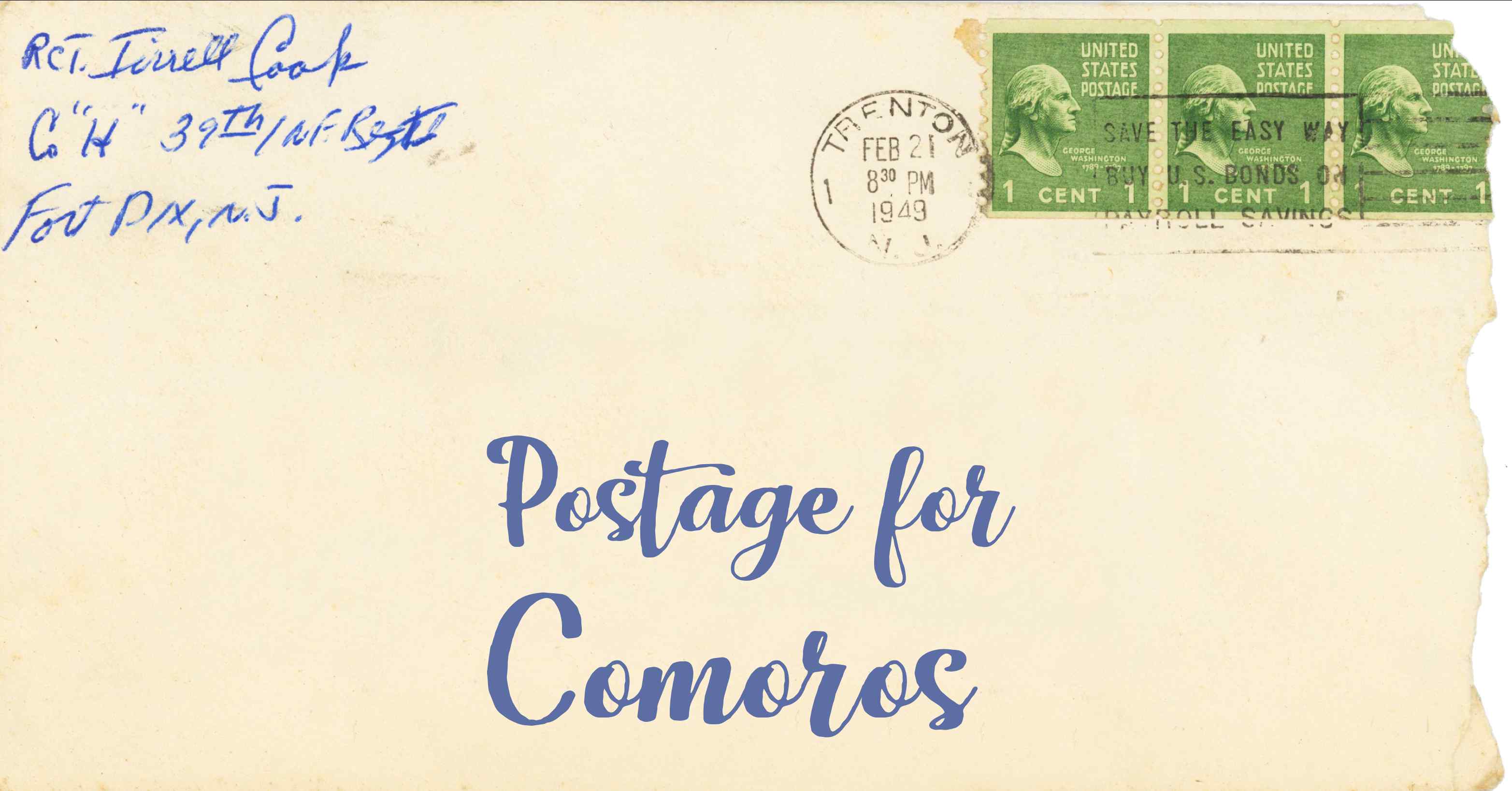 Photo of an old envelope reading 'Postage for Comoros'