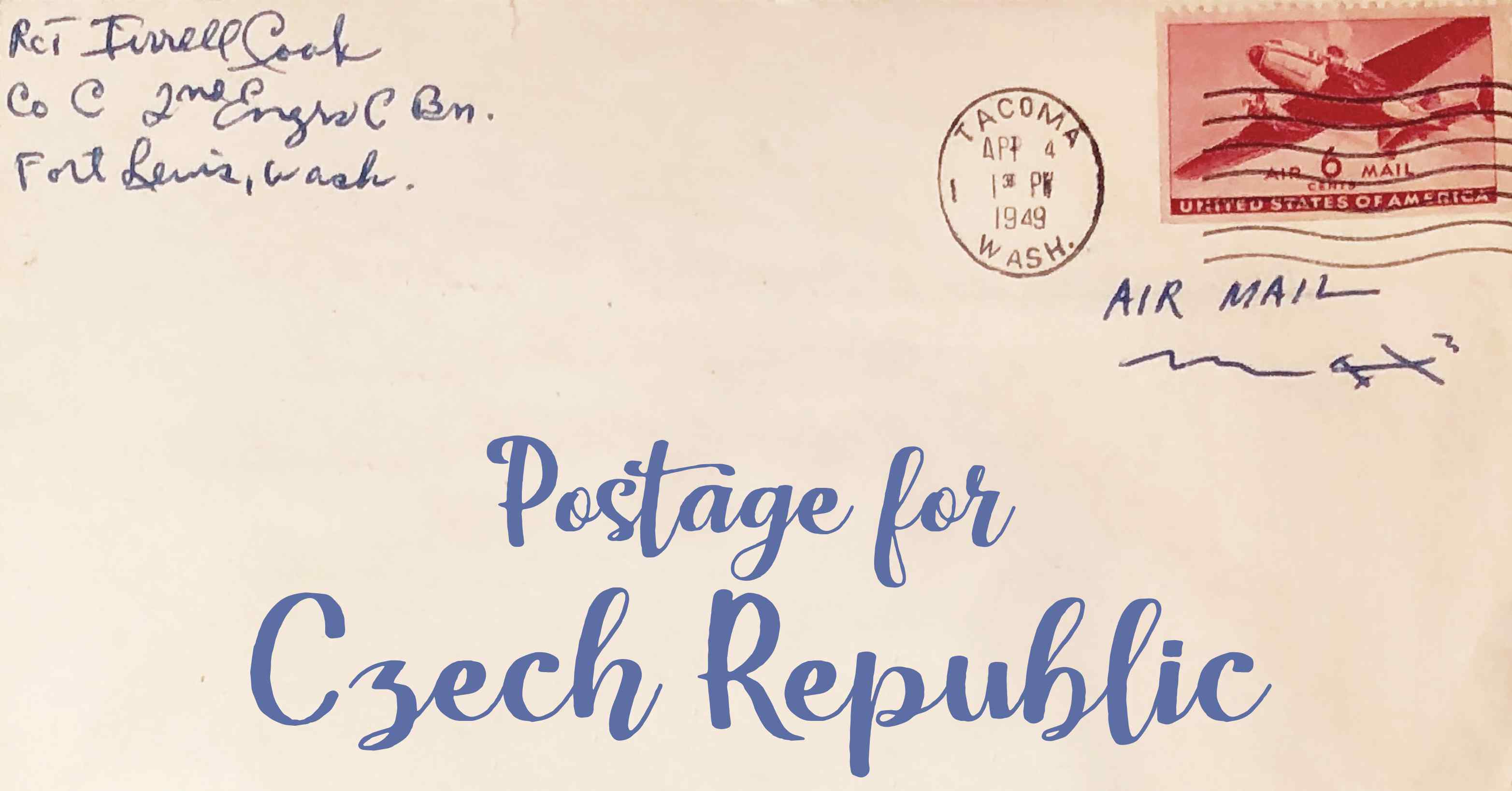 Photo of an old envelope reading 'Postage for Czech Republic'