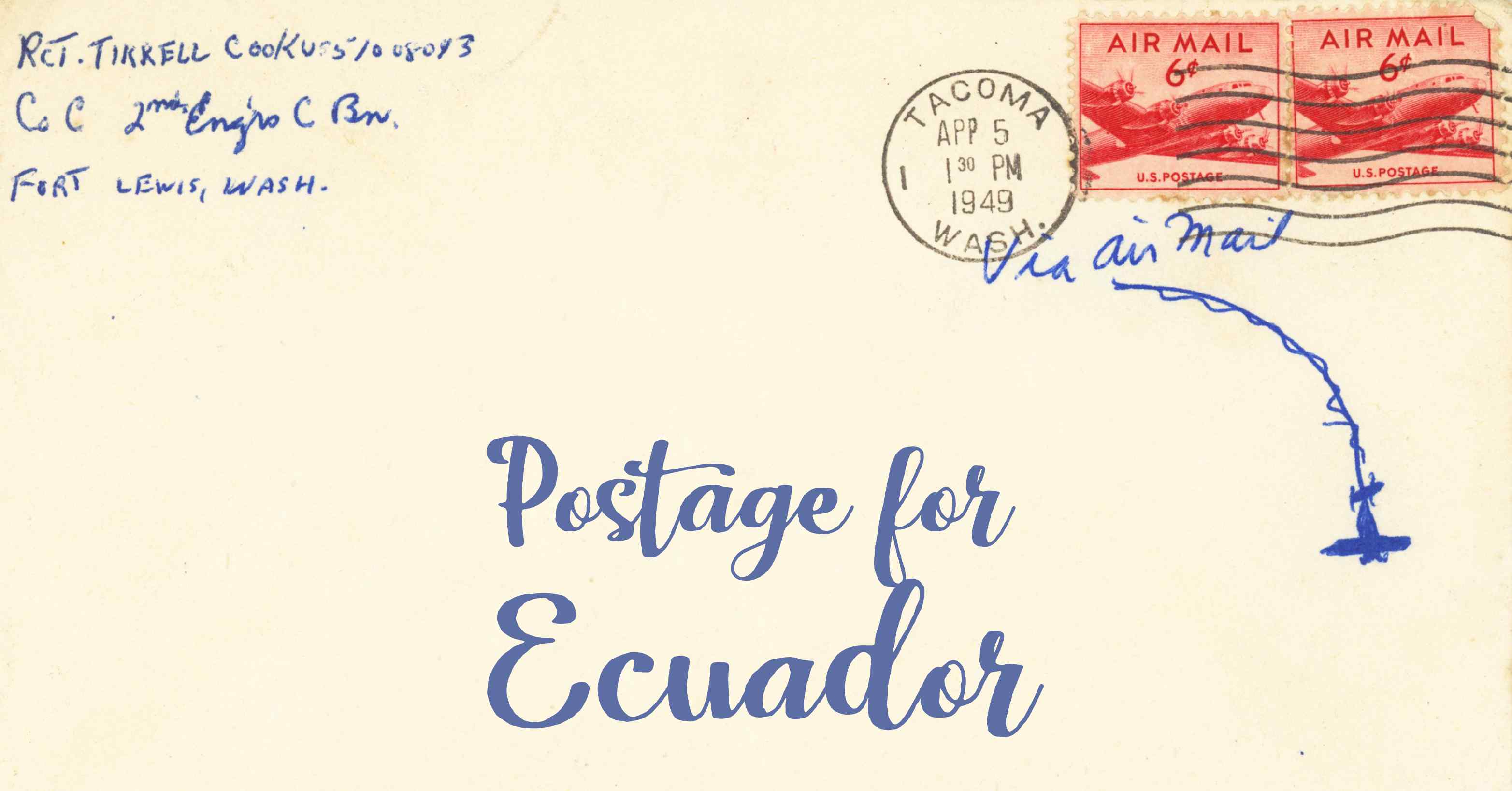 Photo of an old envelope reading 'Postage for Ecuador'