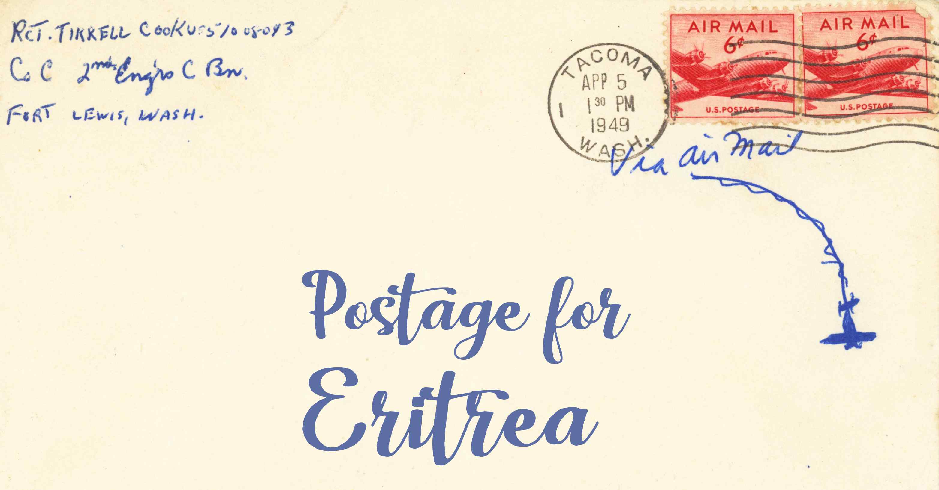 Photo of an old envelope reading 'Postage for Eritrea'
