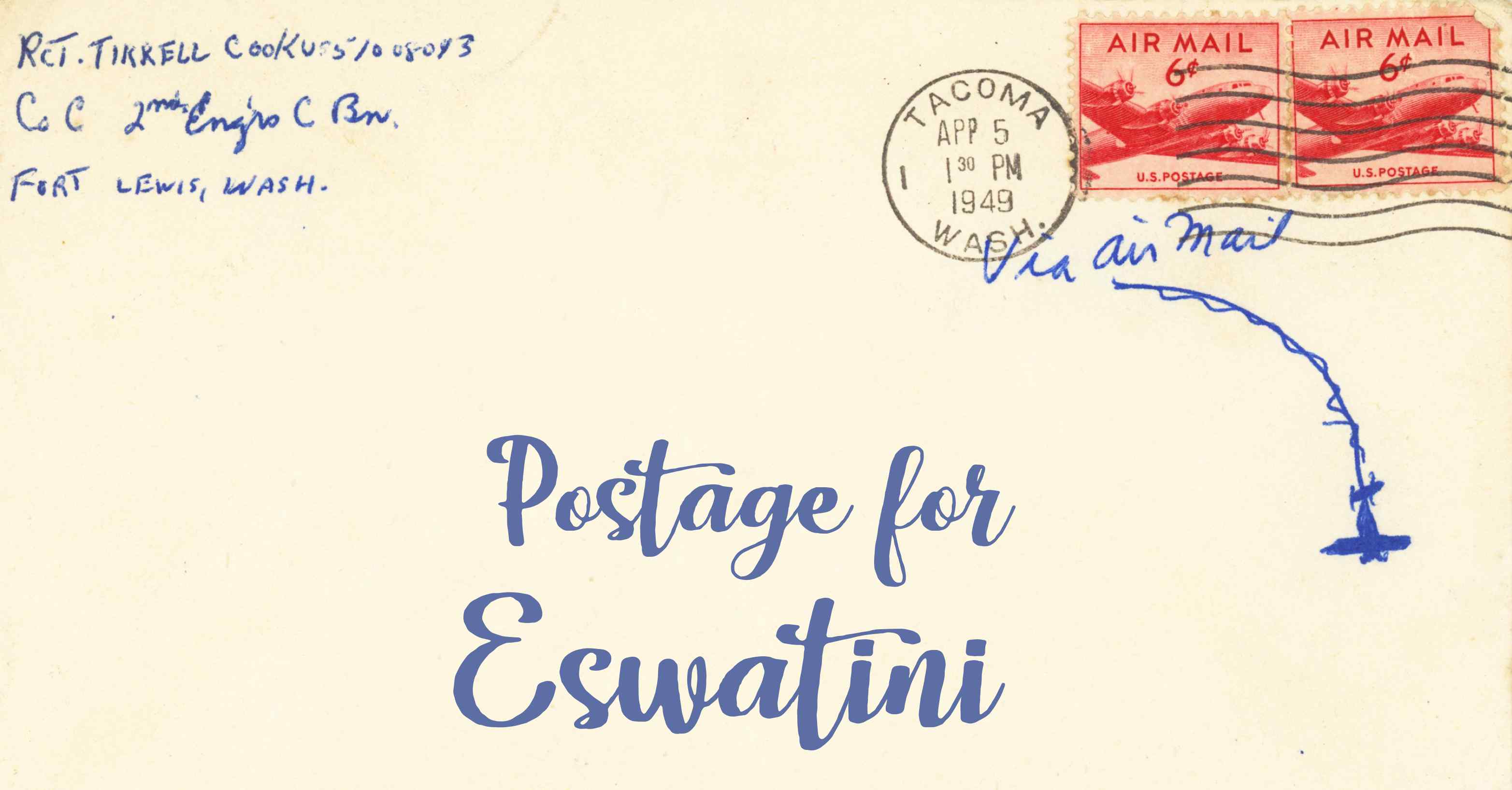 Photo of an old envelope reading 'Postage for Eswatini'