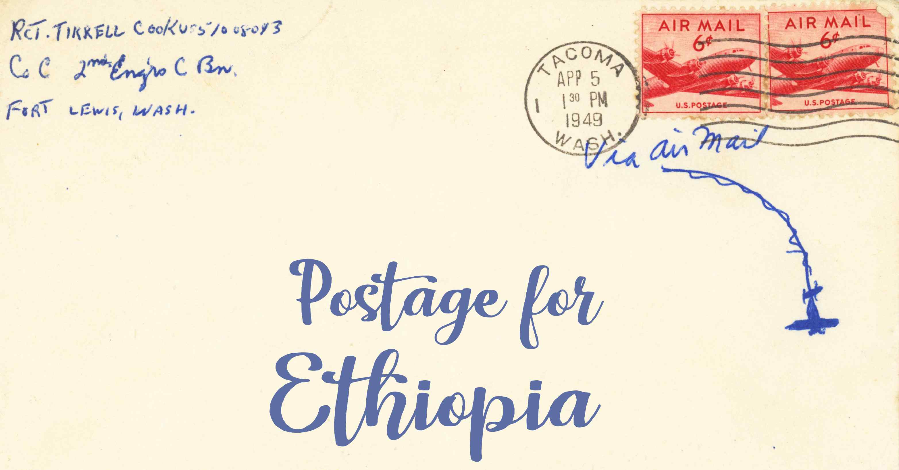 Photo of an old envelope reading 'Postage for Ethiopia'