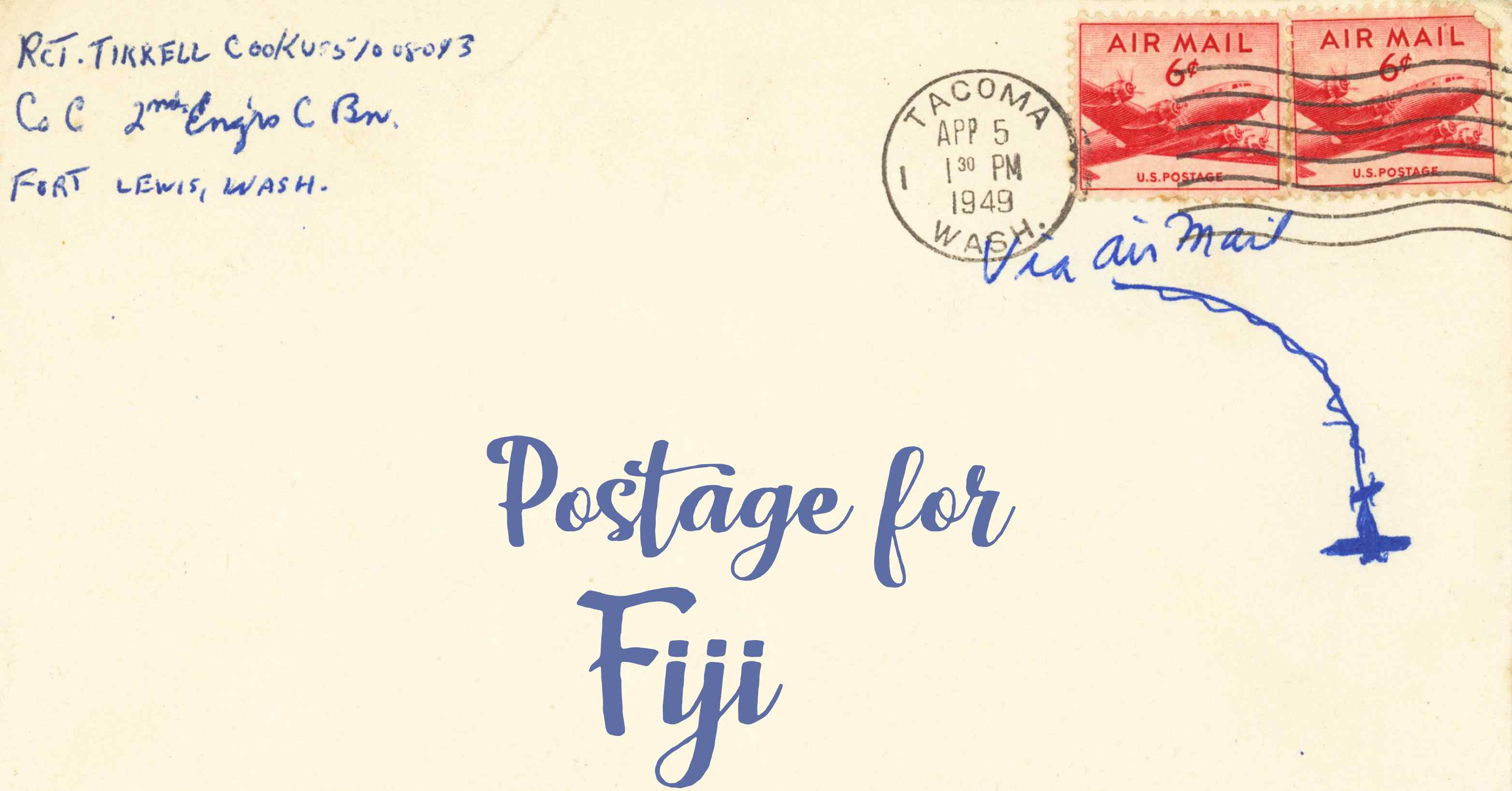 Photo of an old envelope reading 'Postage for Fiji'
