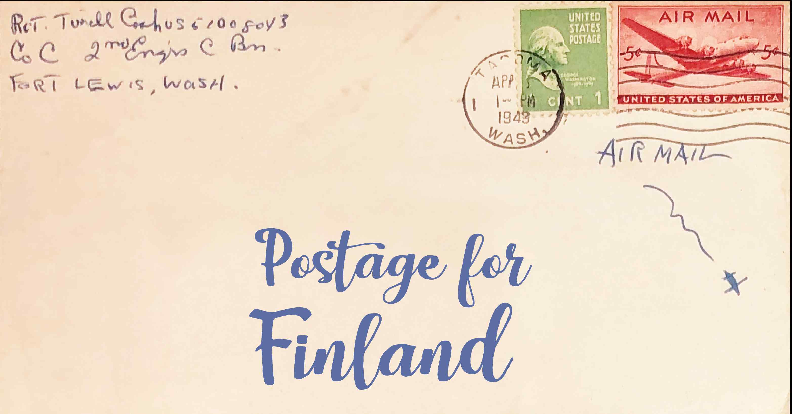 Photo of an old envelope reading 'Postage for Finland'