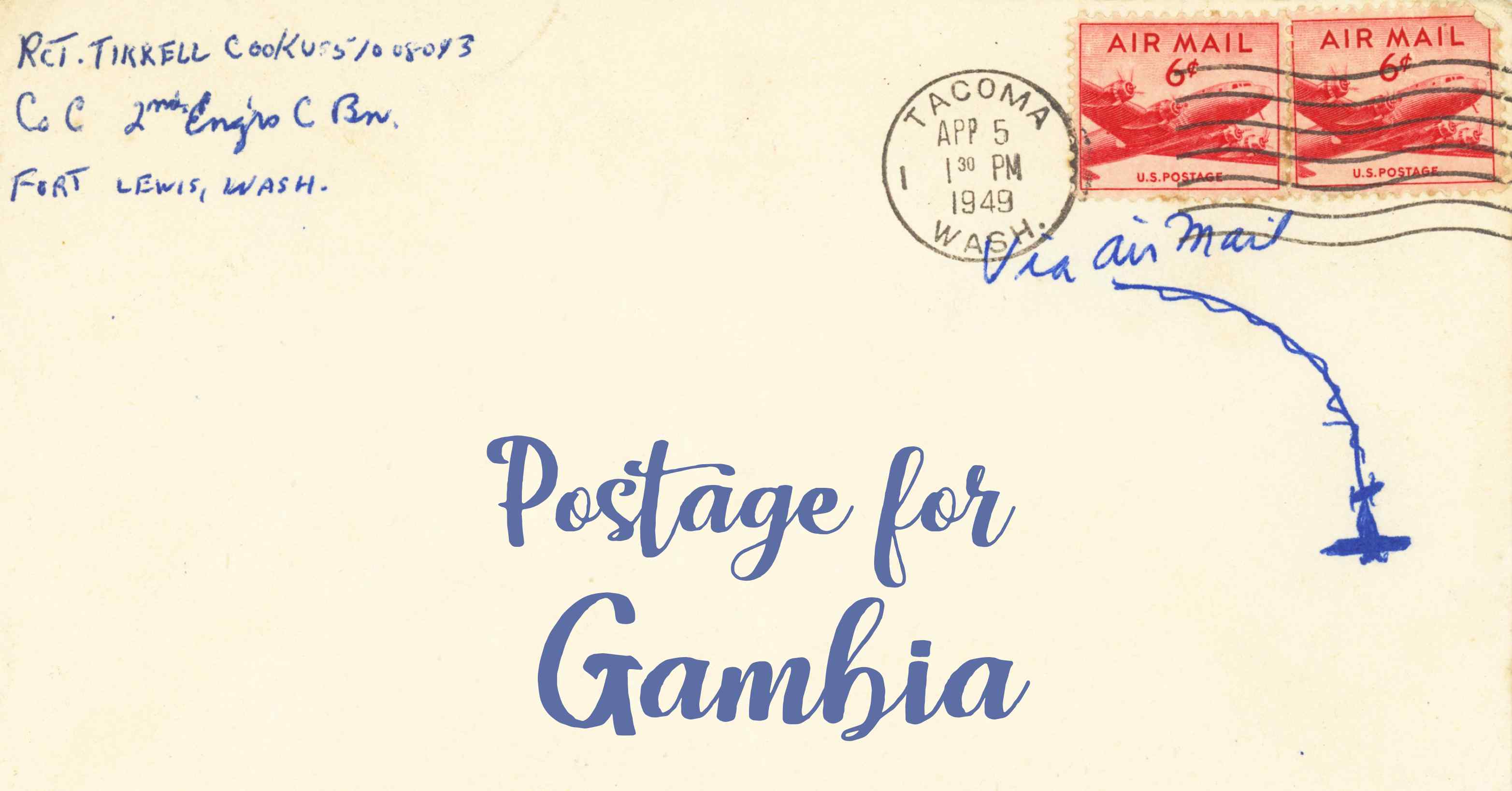 Photo of an old envelope reading 'Postage for Gambia'