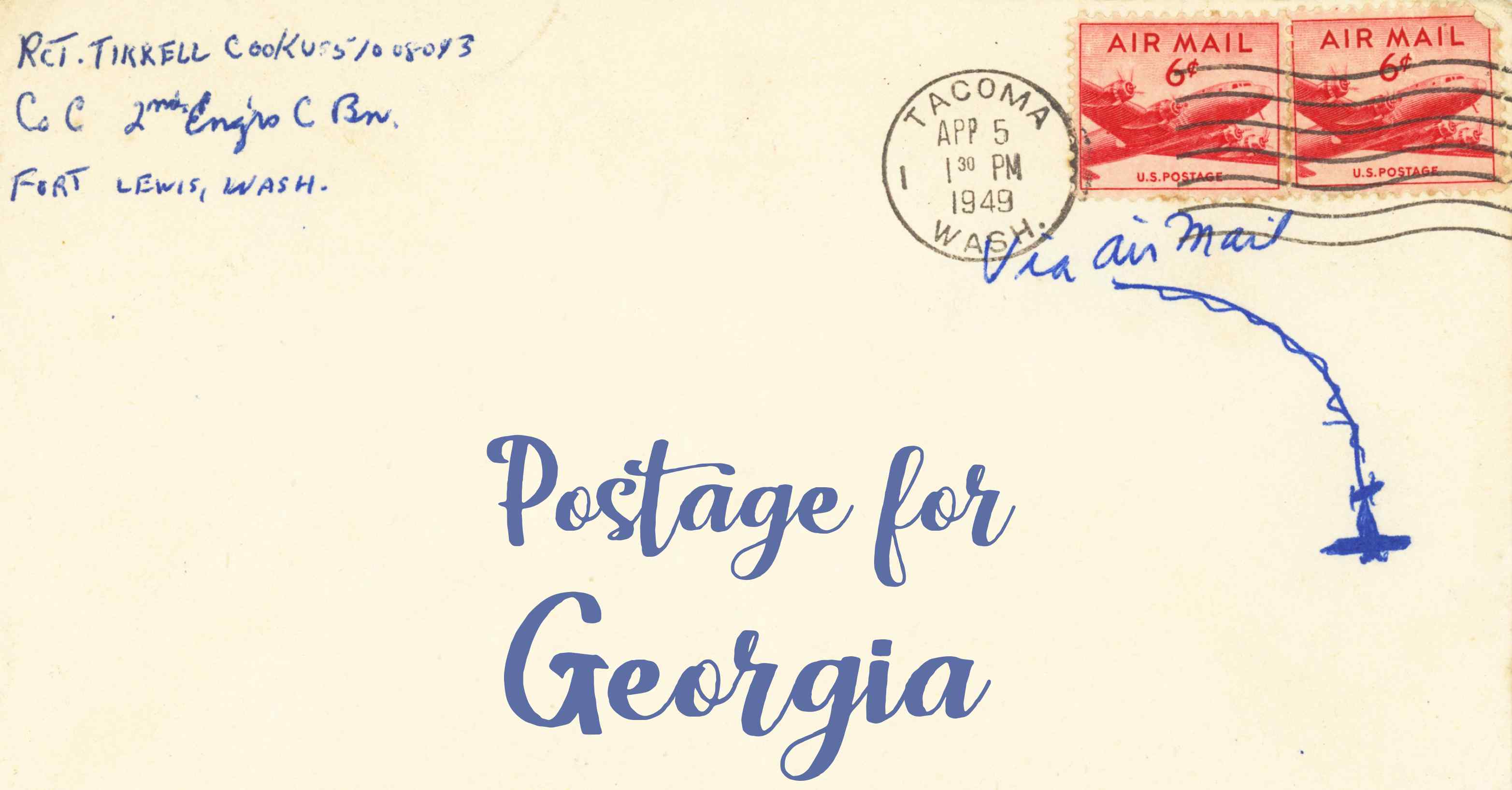 Photo of an old envelope reading 'Postage for Georgia'