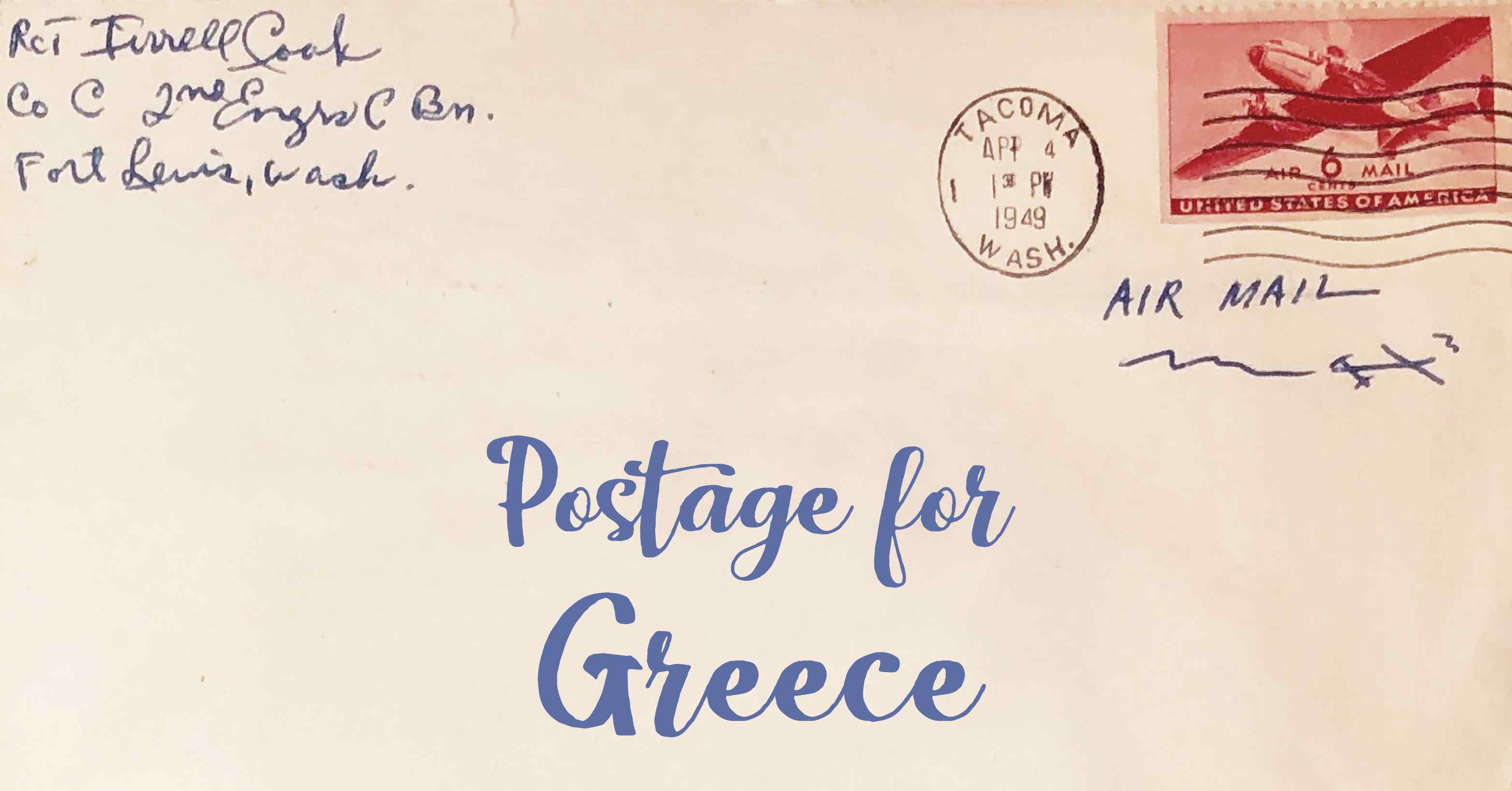 Photo of an old envelope reading 'Postage for Greece'