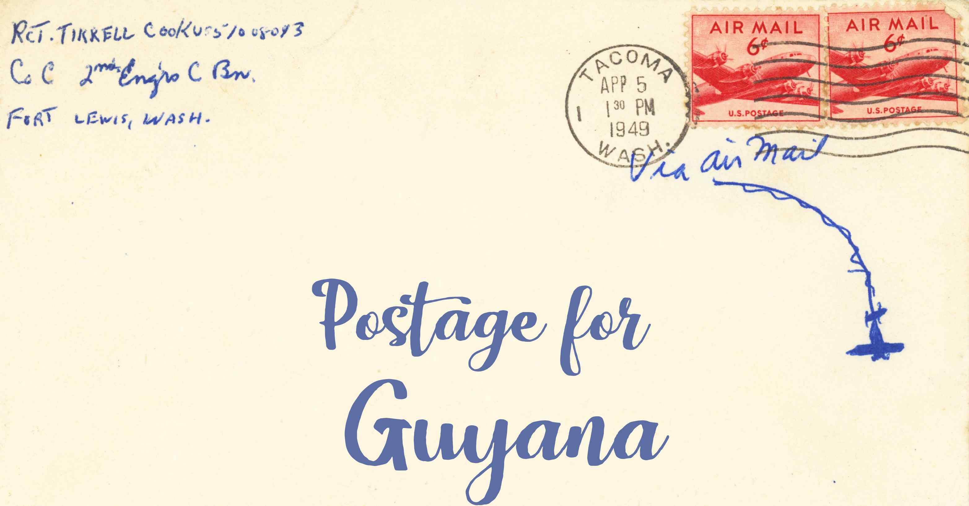 Photo of an old envelope reading 'Postage for Guyana'