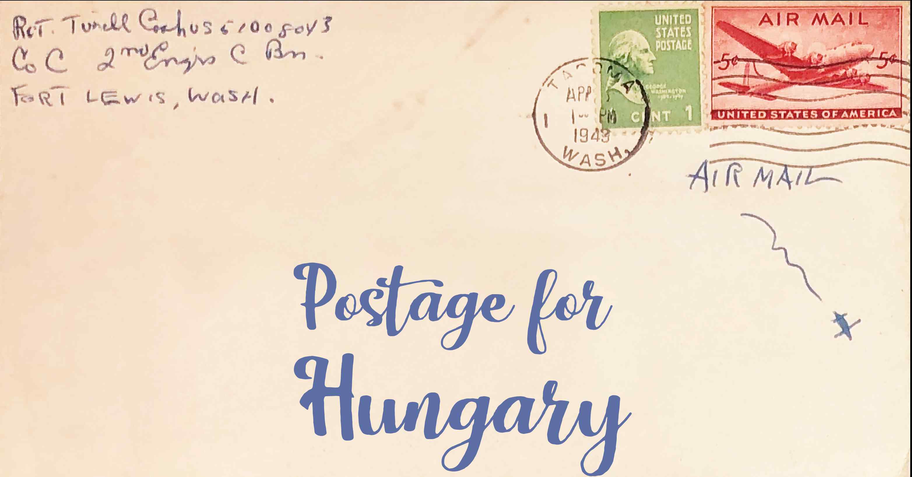 Photo of an old envelope reading 'Postage for Hungary'