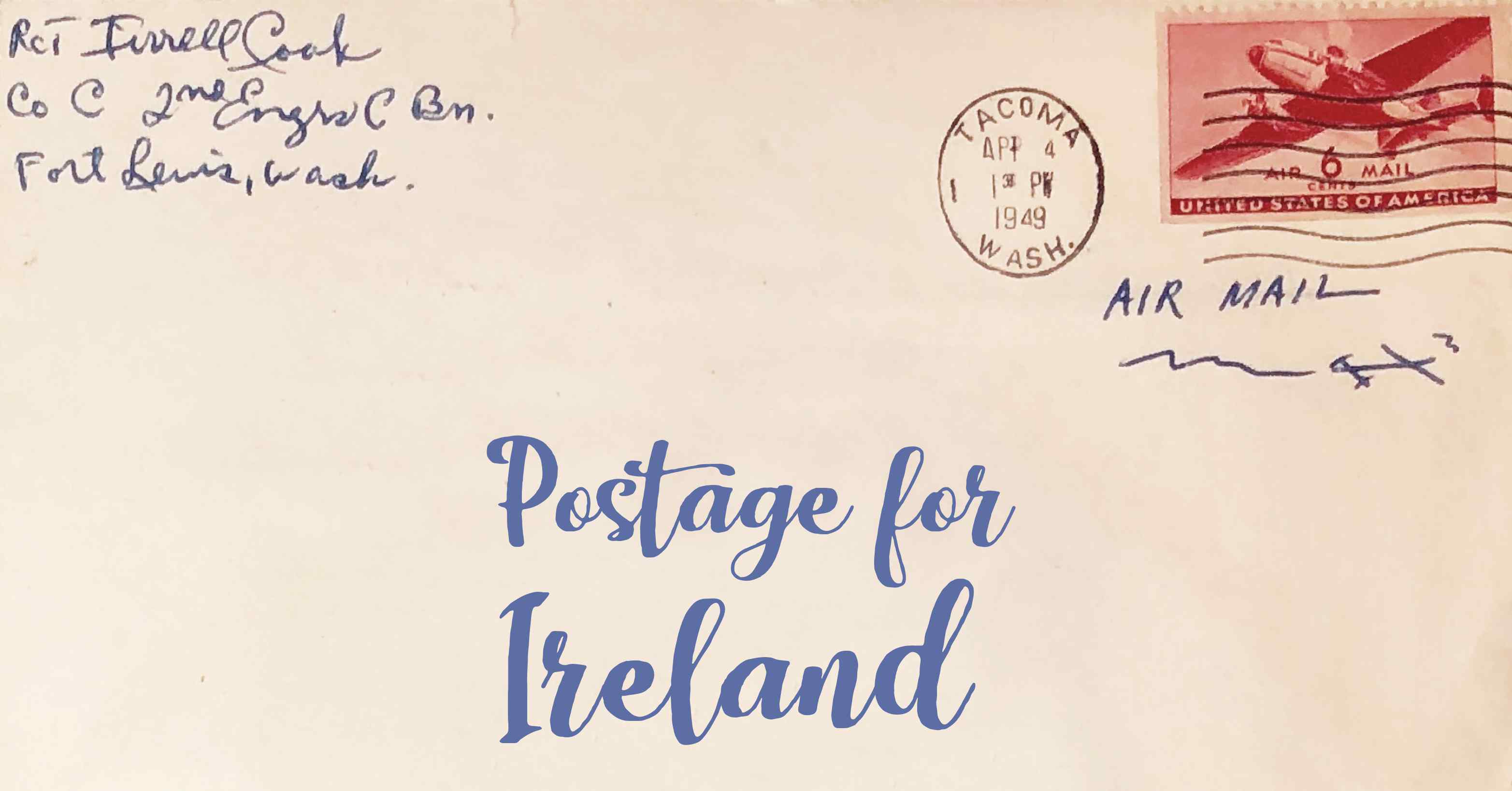 Photo of an old envelope reading 'Postage for Ireland'