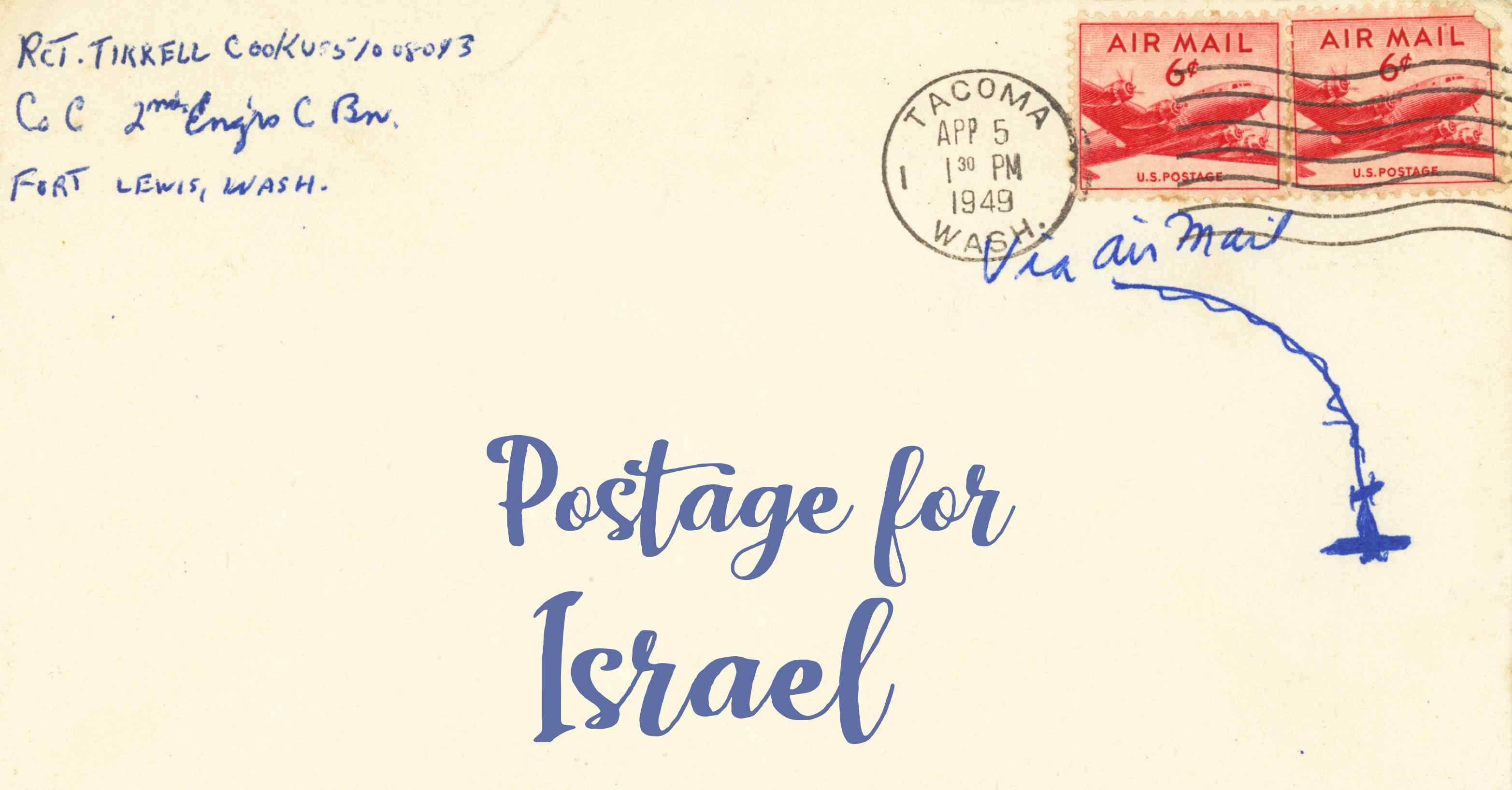 Photo of an old envelope reading 'Postage for Israel'