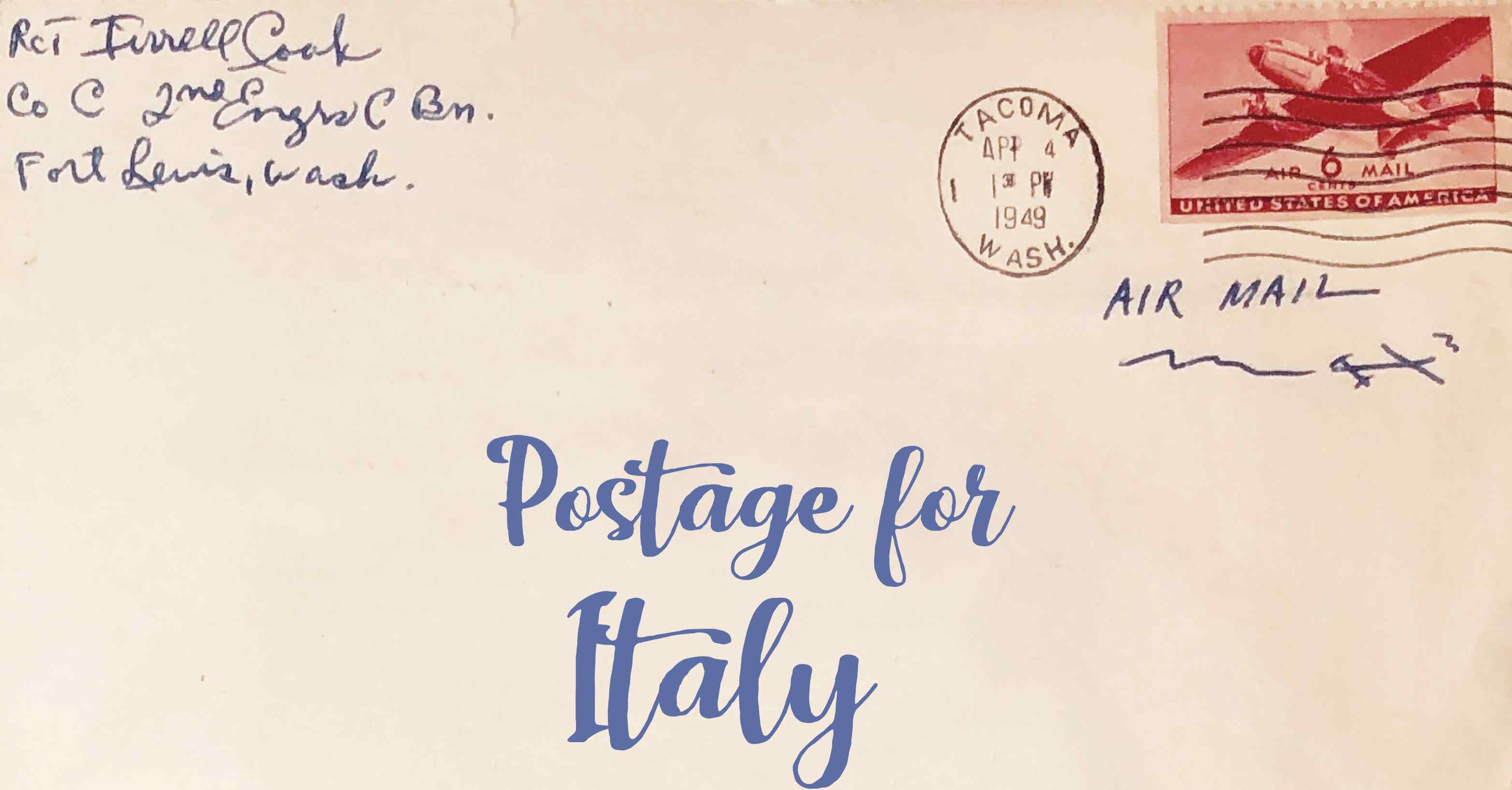 Photo of an old envelope reading 'Postage for Italy'