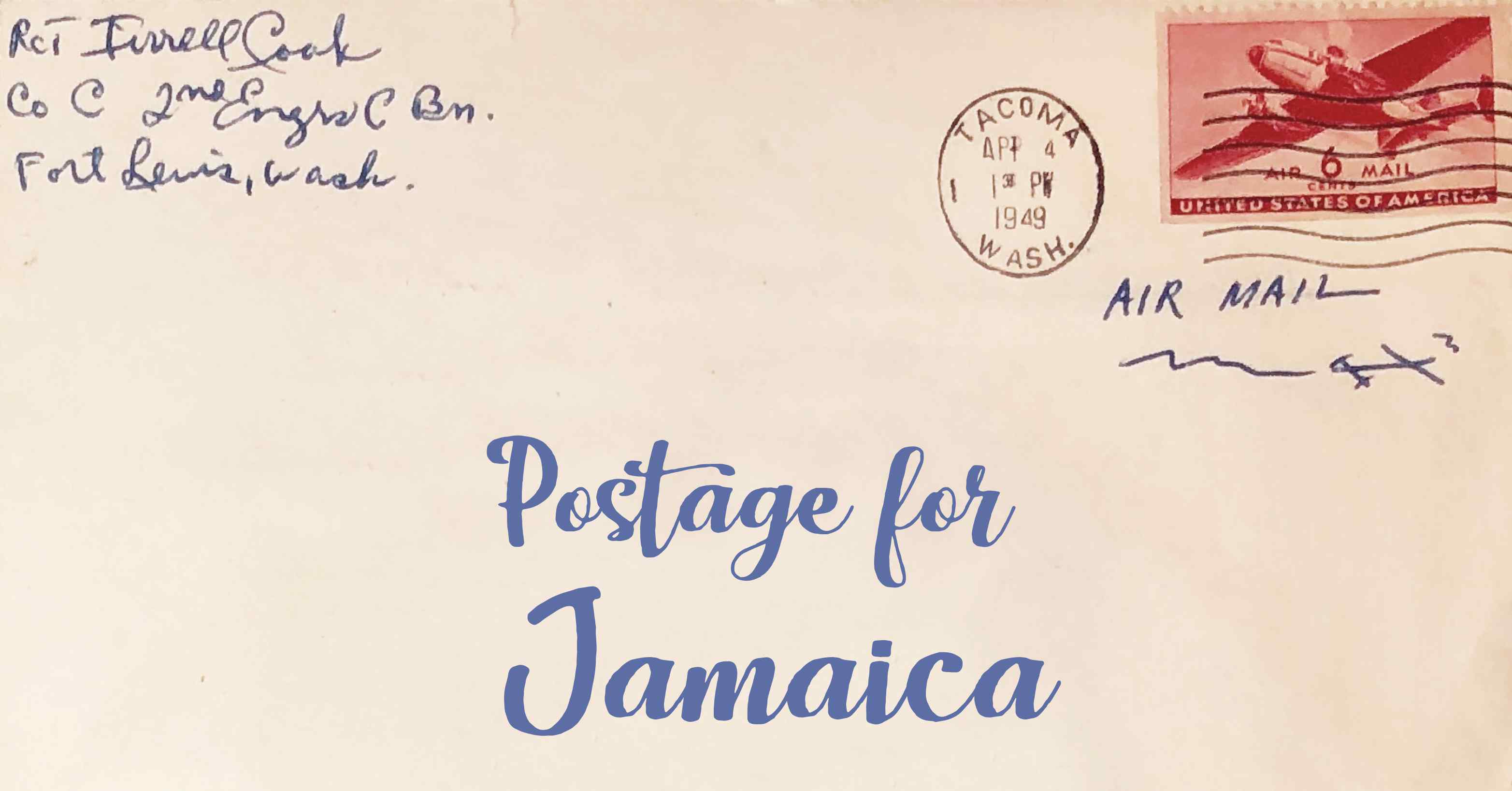 Photo of an old envelope reading 'Postage for Jamaica'