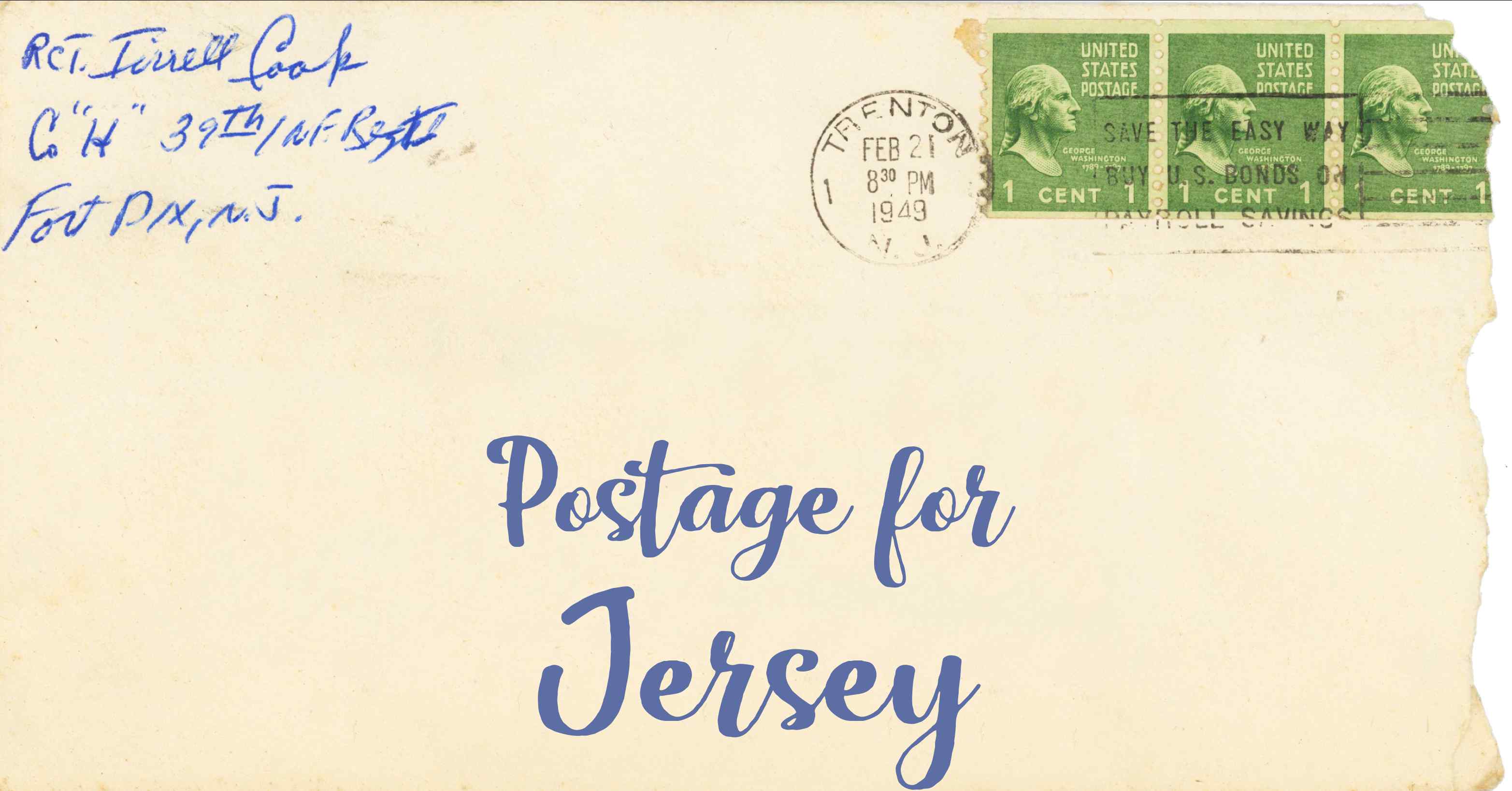 Photo of an old envelope reading 'Postage for Jersey'