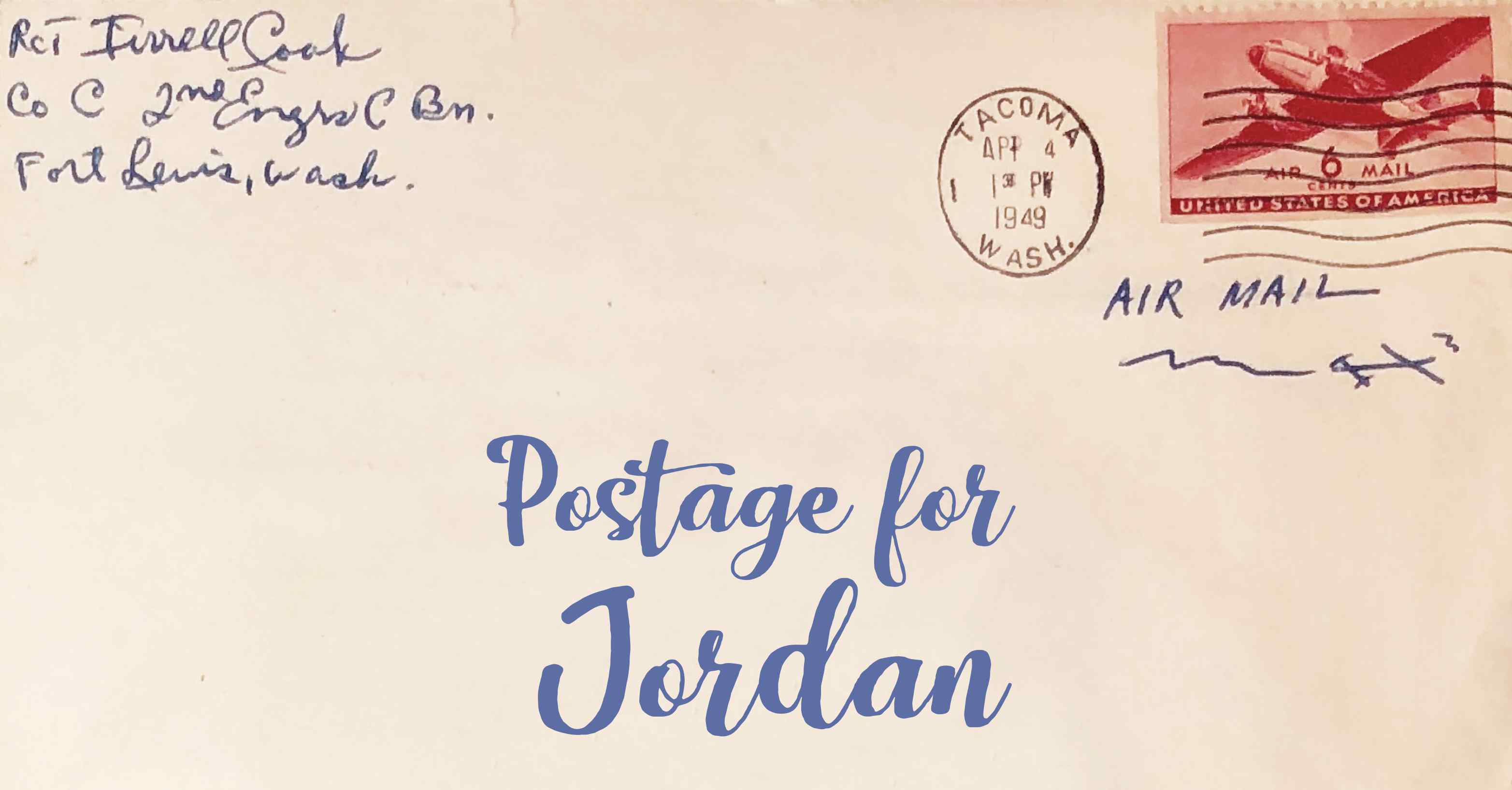 Photo of an old envelope reading 'Postage for Jordan'