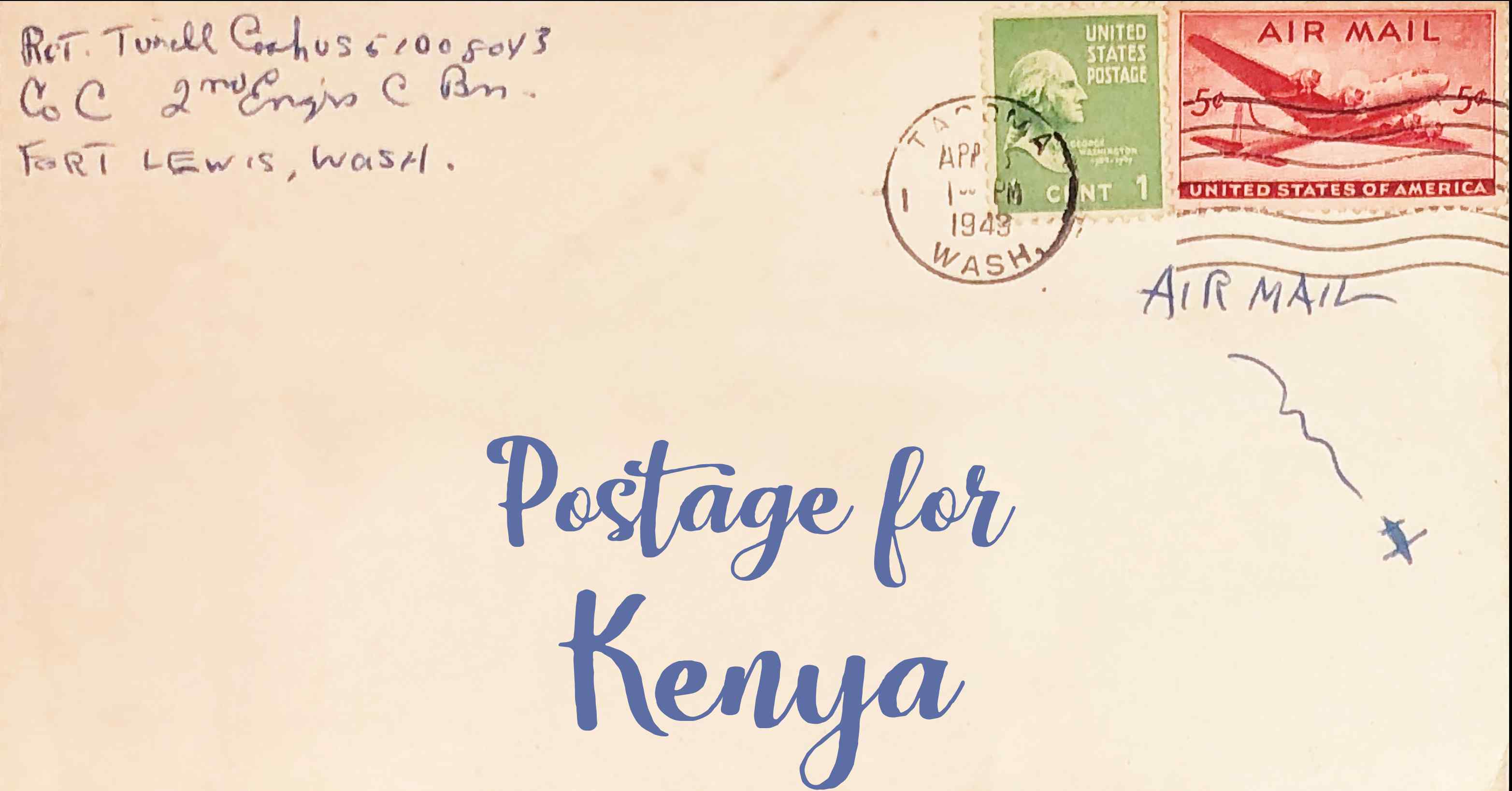 Photo of an old envelope reading 'Postage for Kenya'