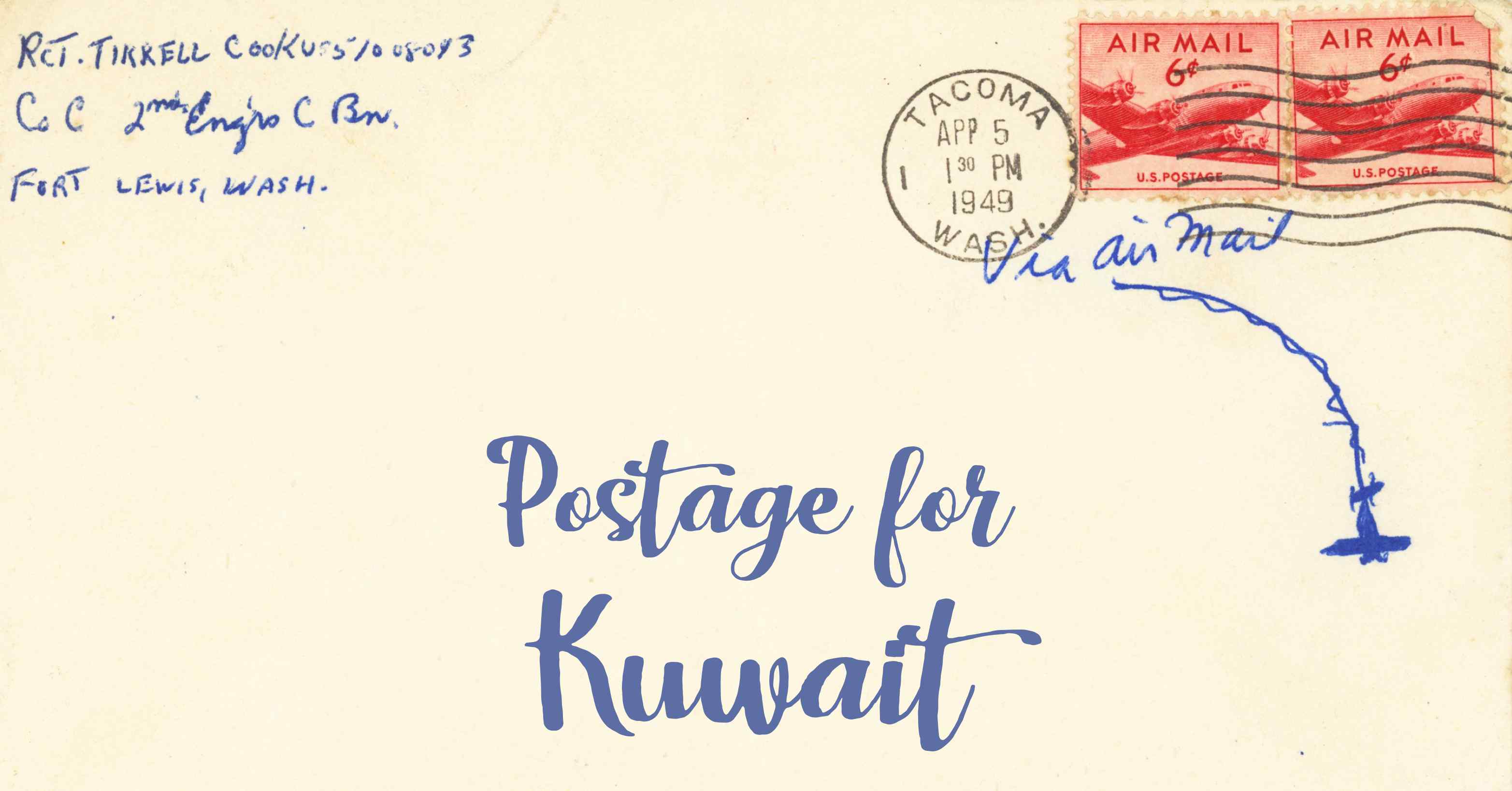 Photo of an old envelope reading 'Postage for Kuwait'