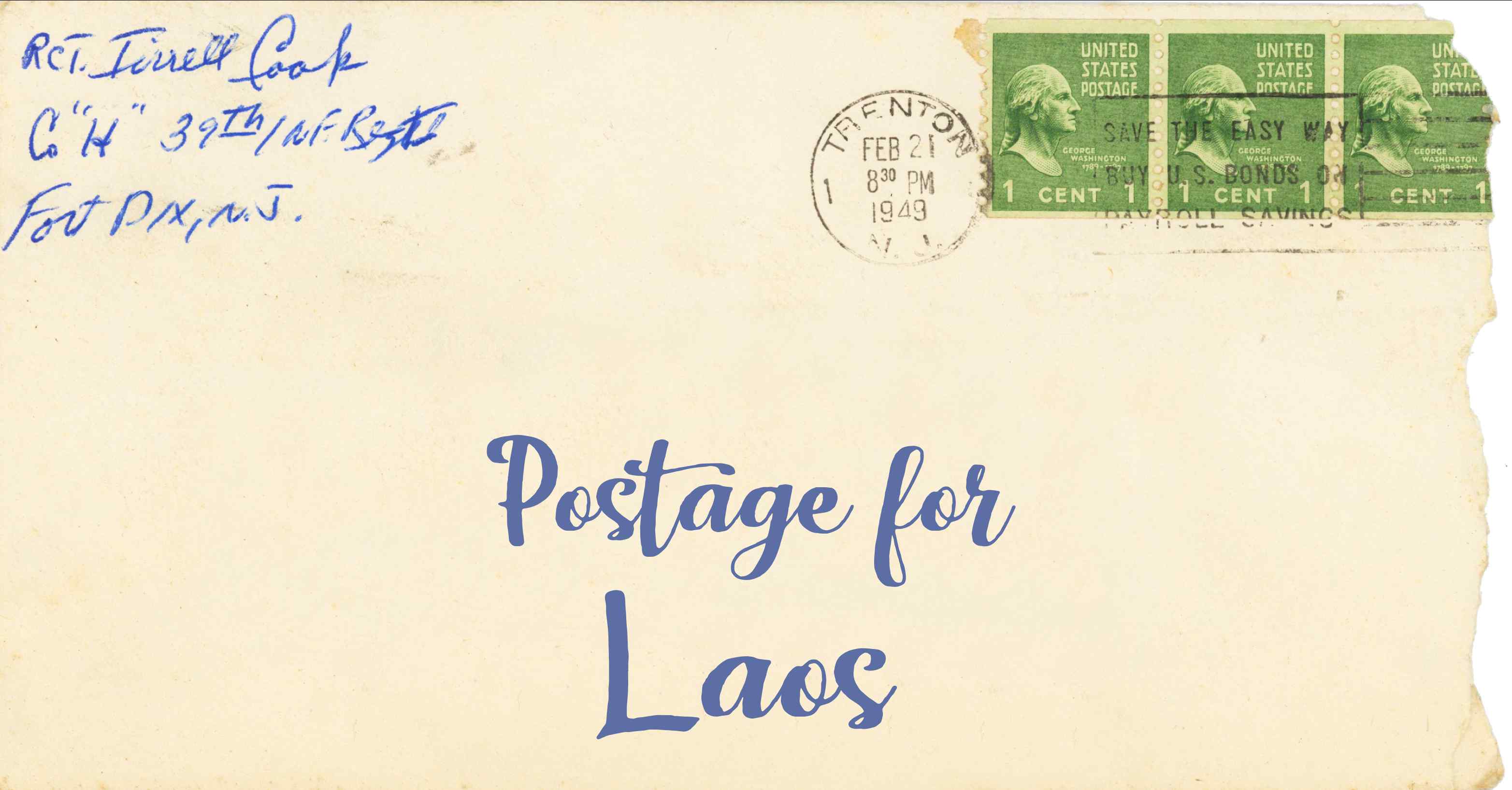 Photo of an old envelope reading 'Postage for Laos'