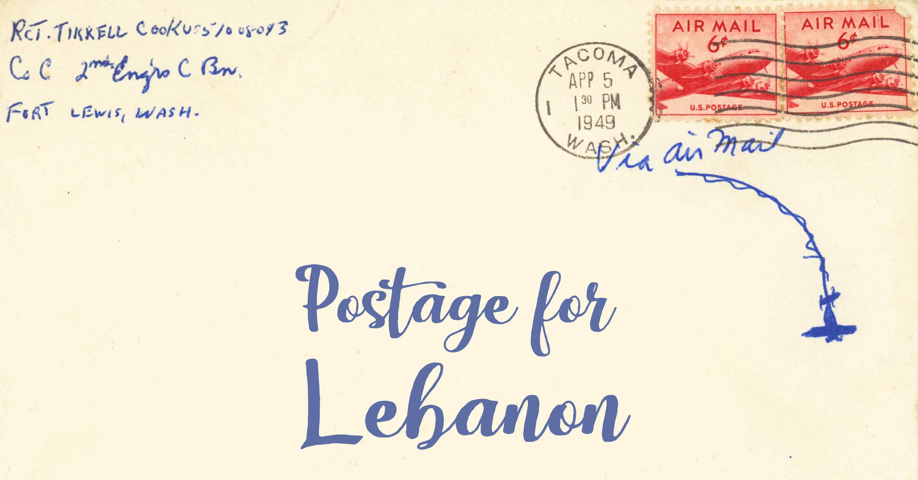Photo of an old envelope reading 'Postage for Lebanon'