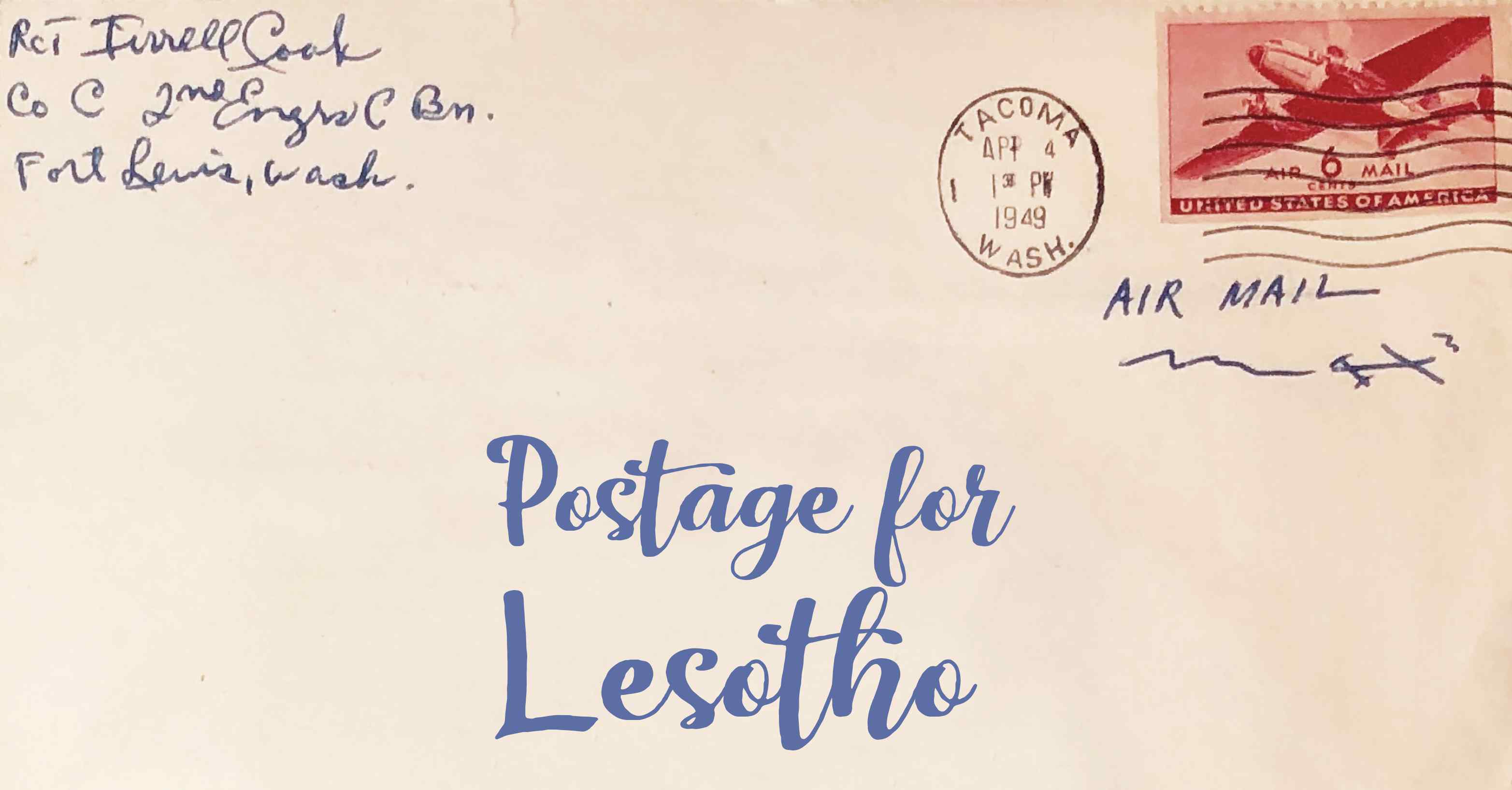 Photo of an old envelope reading 'Postage for Lesotho'