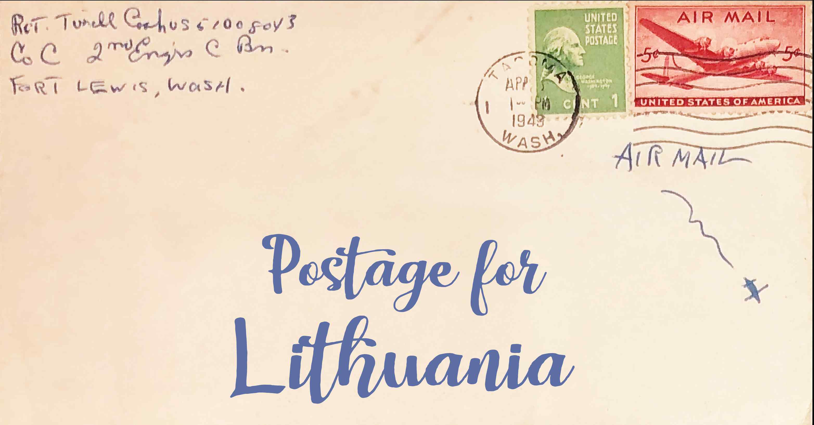 Photo of an old envelope reading 'Postage for Lithuania'