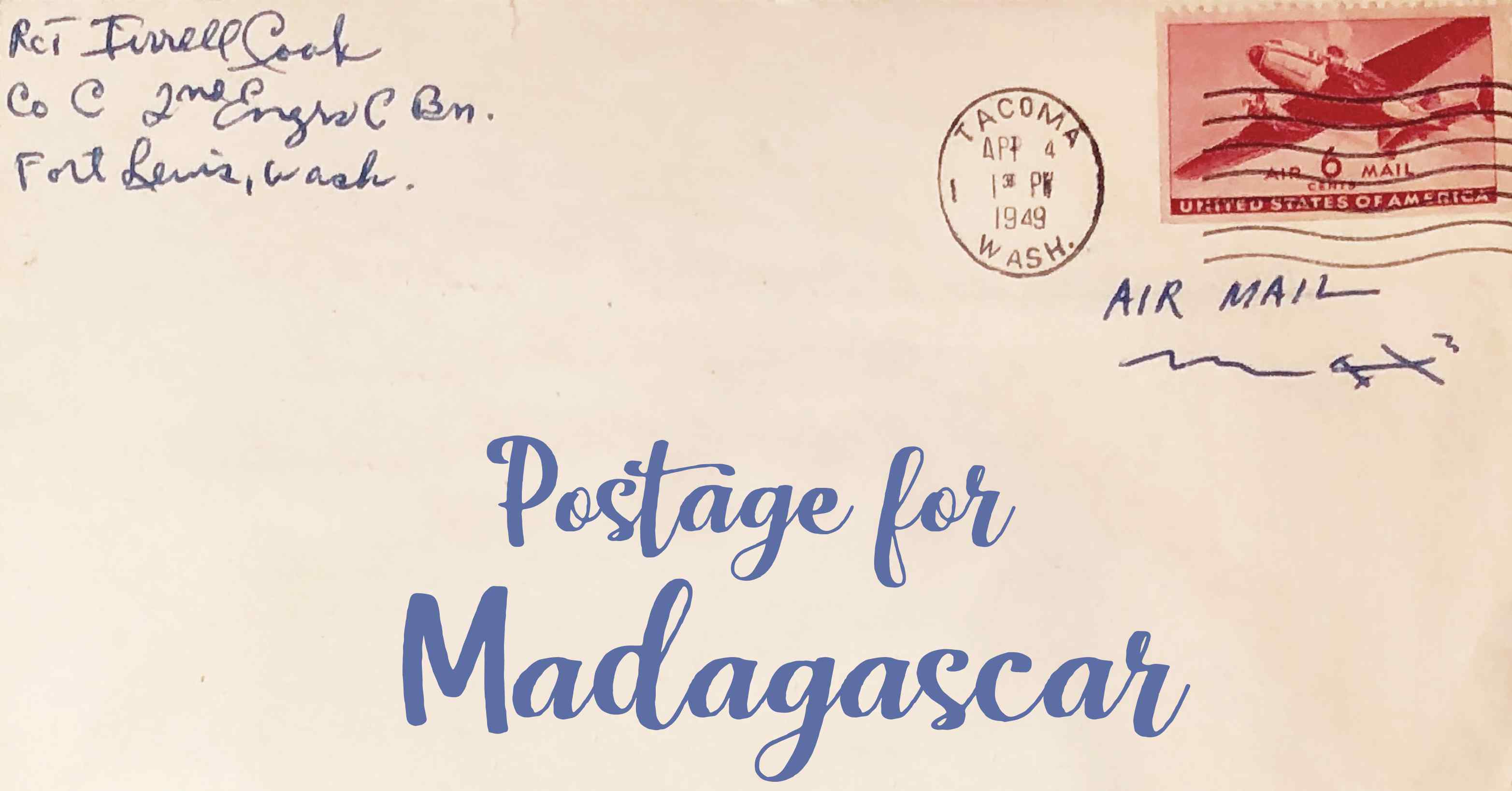 Photo of an old envelope reading 'Postage for Madagascar'