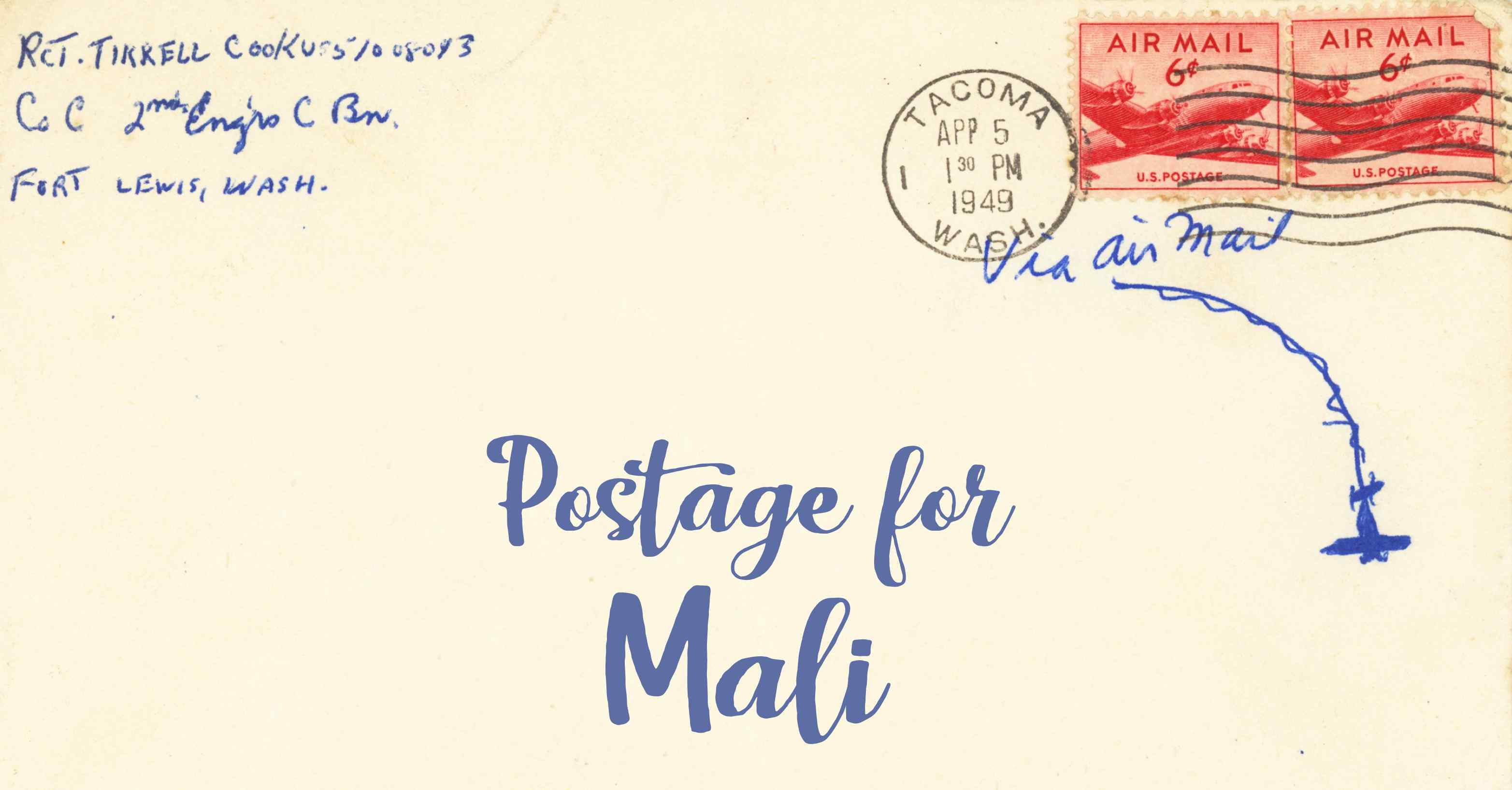 Photo of an old envelope reading 'Postage for Mali'