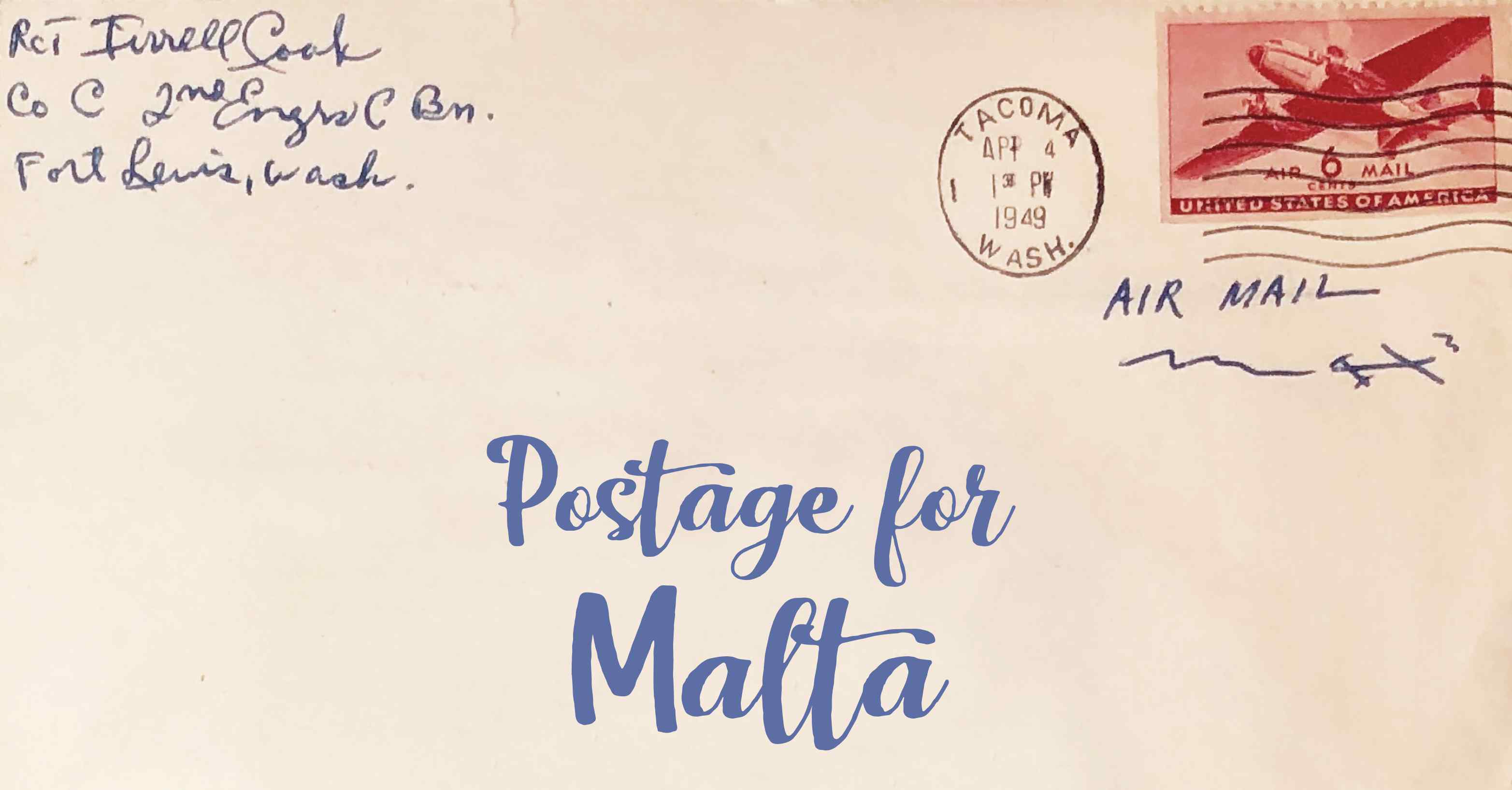 Photo of an old envelope reading 'Postage for Malta'